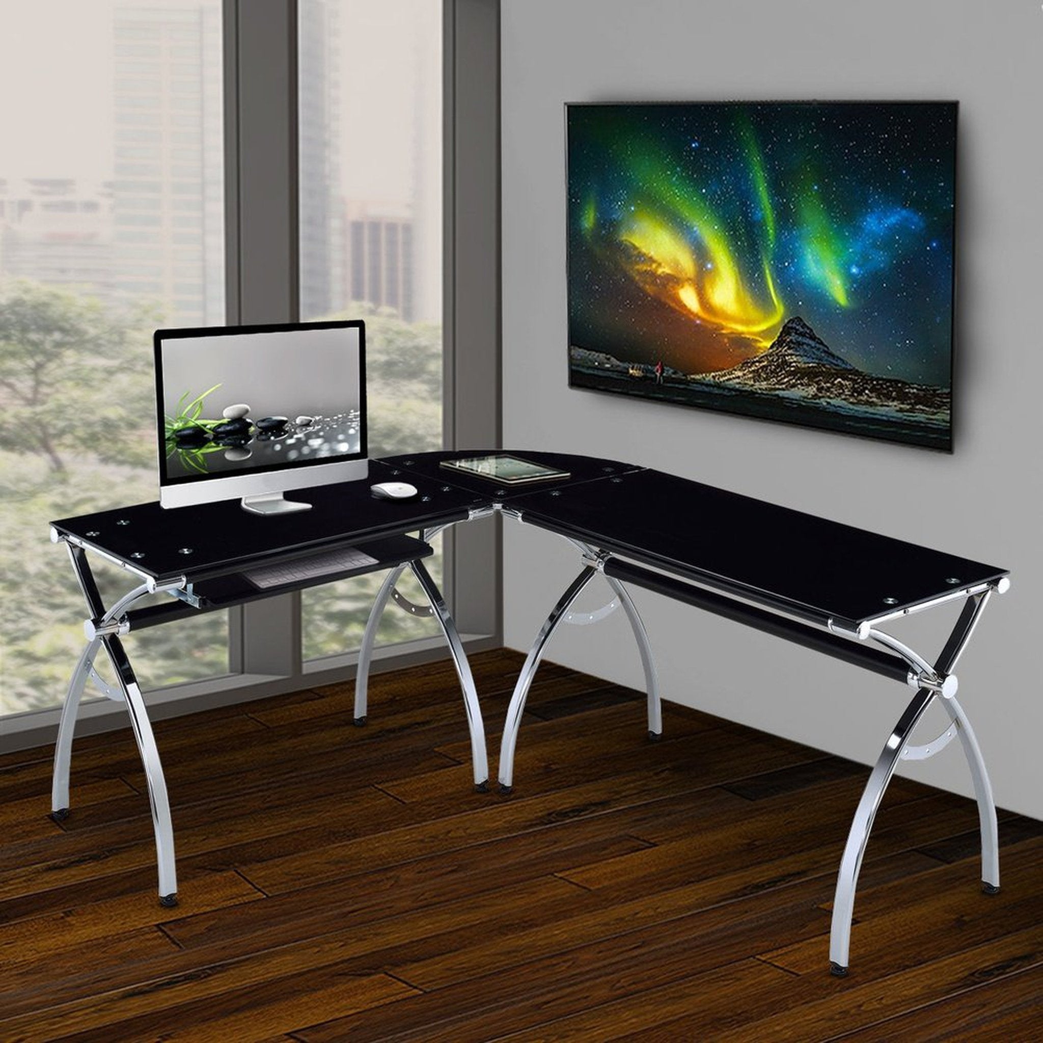 Techni Mobili L-Shaped Colored Tempered Glass Top Corner Desk with Pull Out Keyboard Tray, Black Techni Mobili Desks