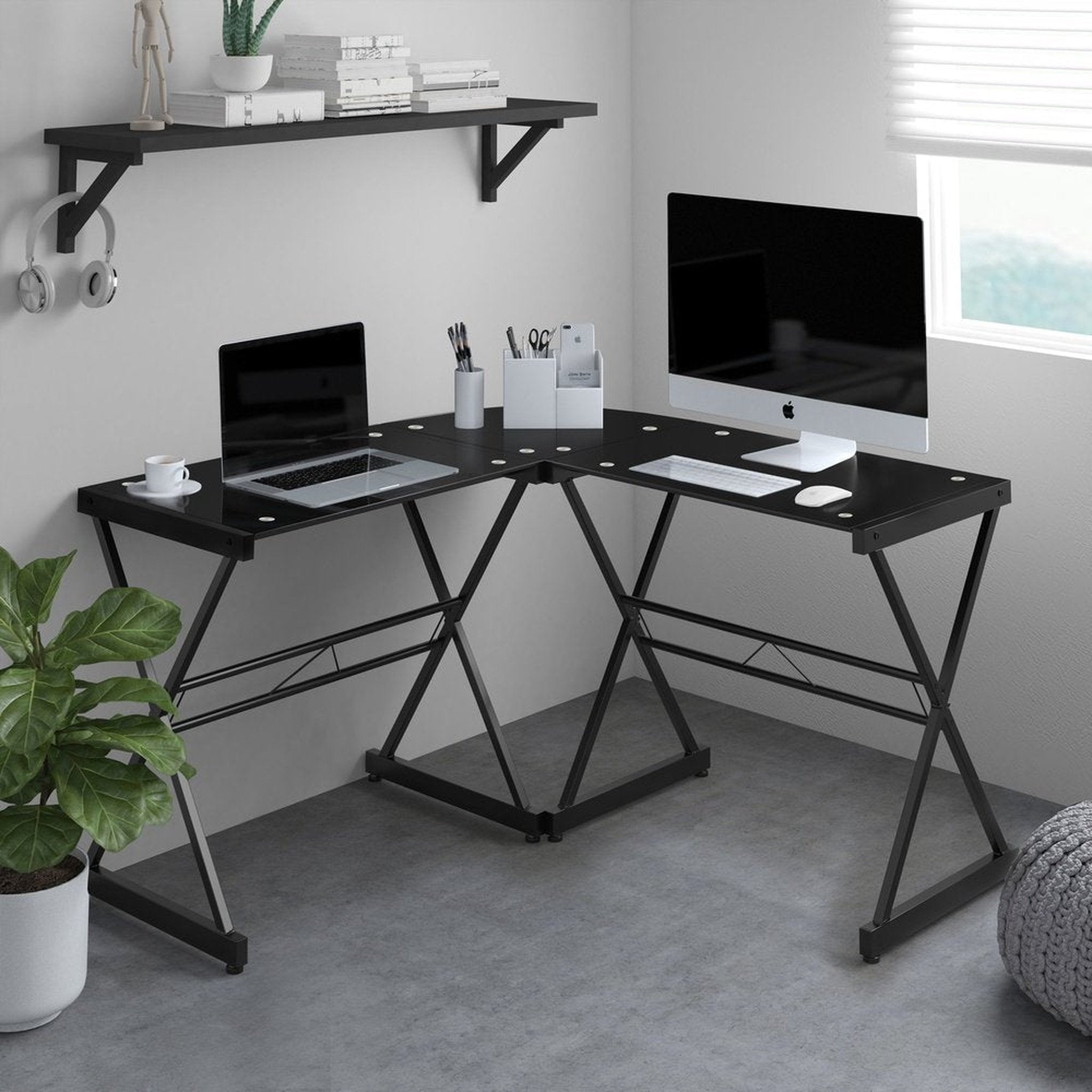 Techni Mobili L-Shaped Glass Computer Desk, Black Techni Mobili