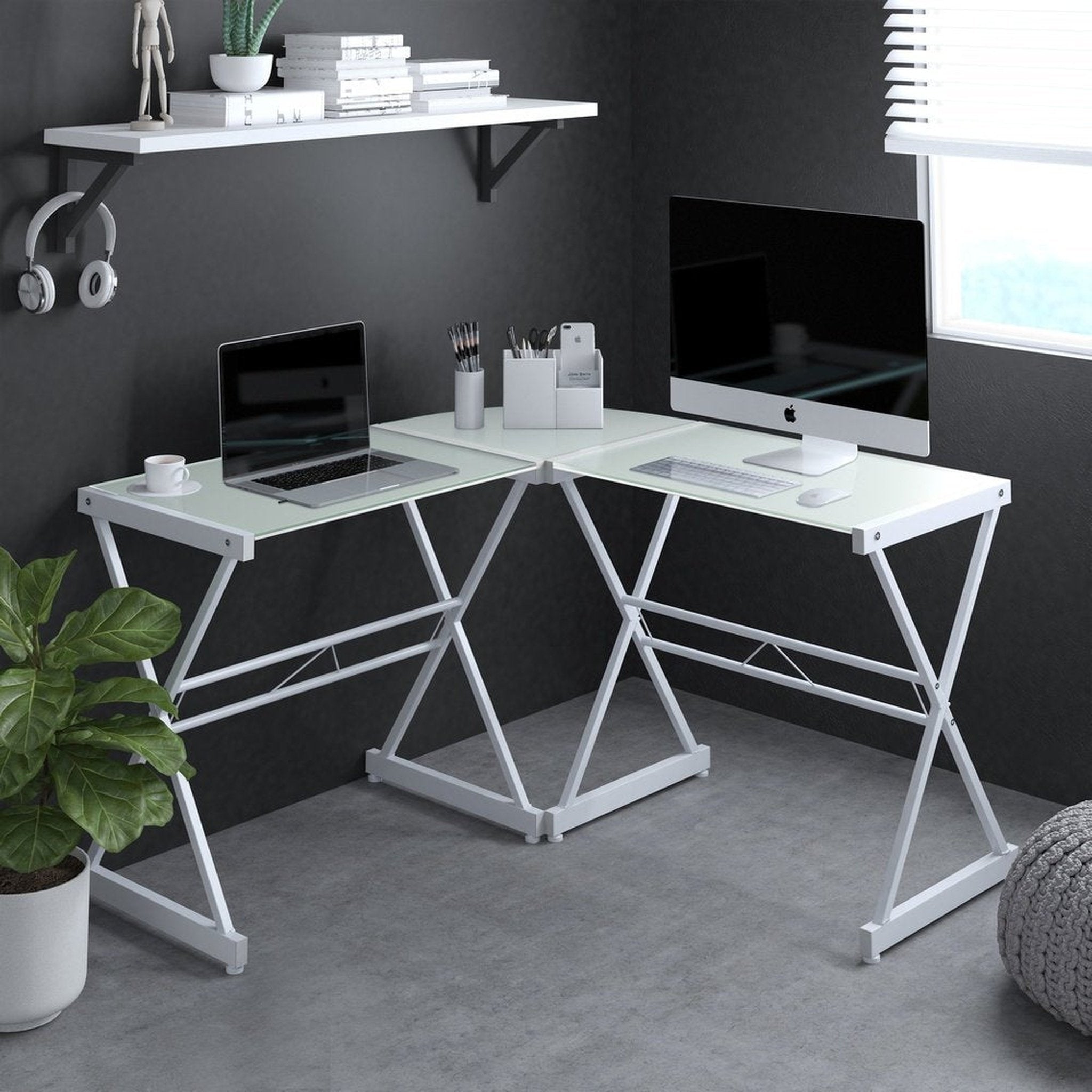 Techni Mobili L-Shaped Glass Computer Desk, White Techni Mobili