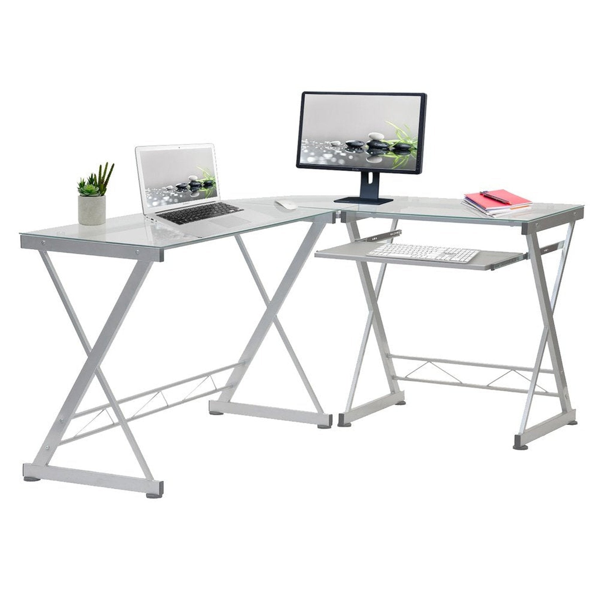 Techni Mobili L-Shaped Tempered Glass Top Computer Desk with Pull Out Keyboard Panel, Clear Techni Mobili