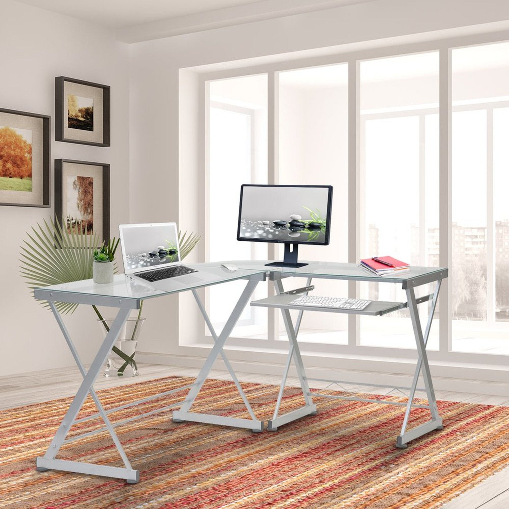 Techni Mobili L-Shaped Tempered Glass Top Computer Desk with Pull Out Keyboard Panel, Clear Techni Mobili