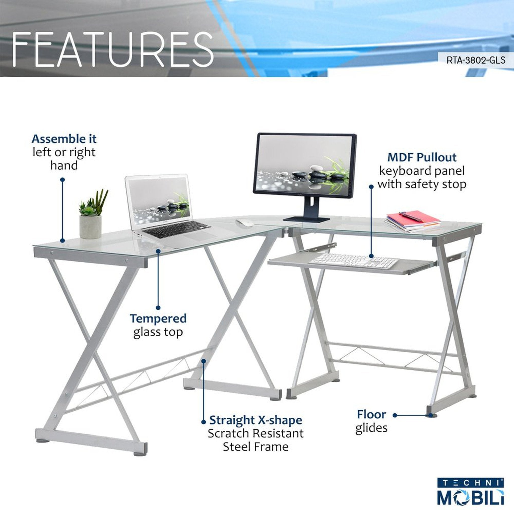 Techni Mobili L-Shaped Tempered Glass Top Computer Desk with Pull Out Keyboard Panel, Clear Techni Mobili