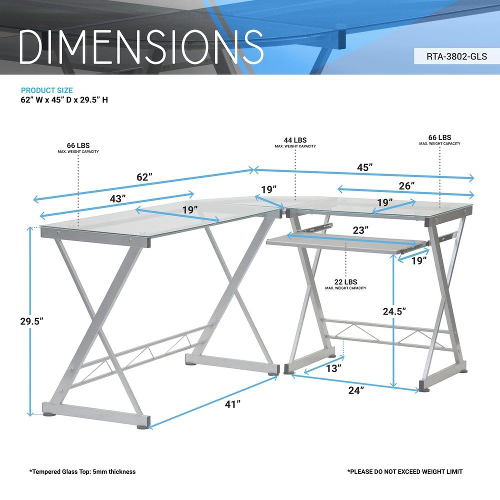 Techni Mobili L-Shaped Tempered Glass Top Computer Desk with Pull Out Keyboard Panel, Clear Techni Mobili