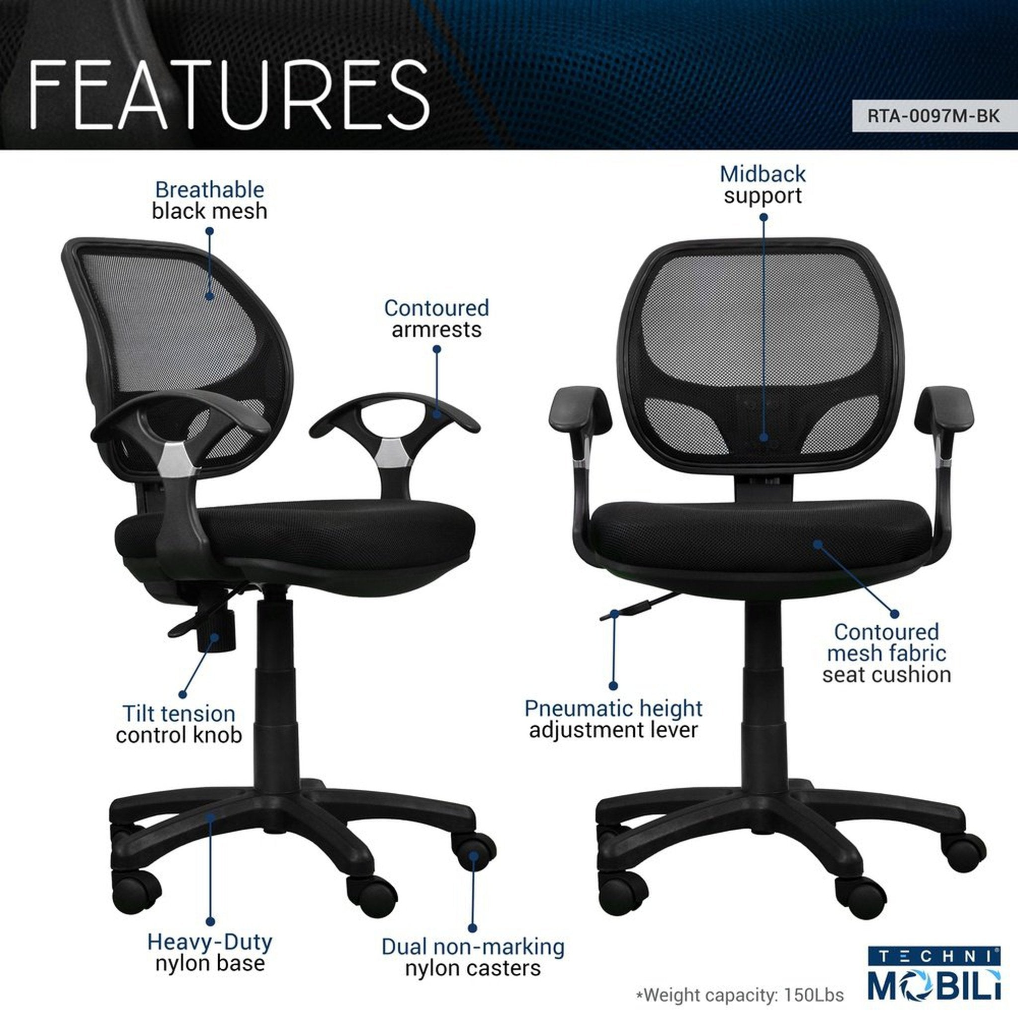 Techni Mobili Midback Mesh Task Office Chair, Black Techni Mobili Chairs