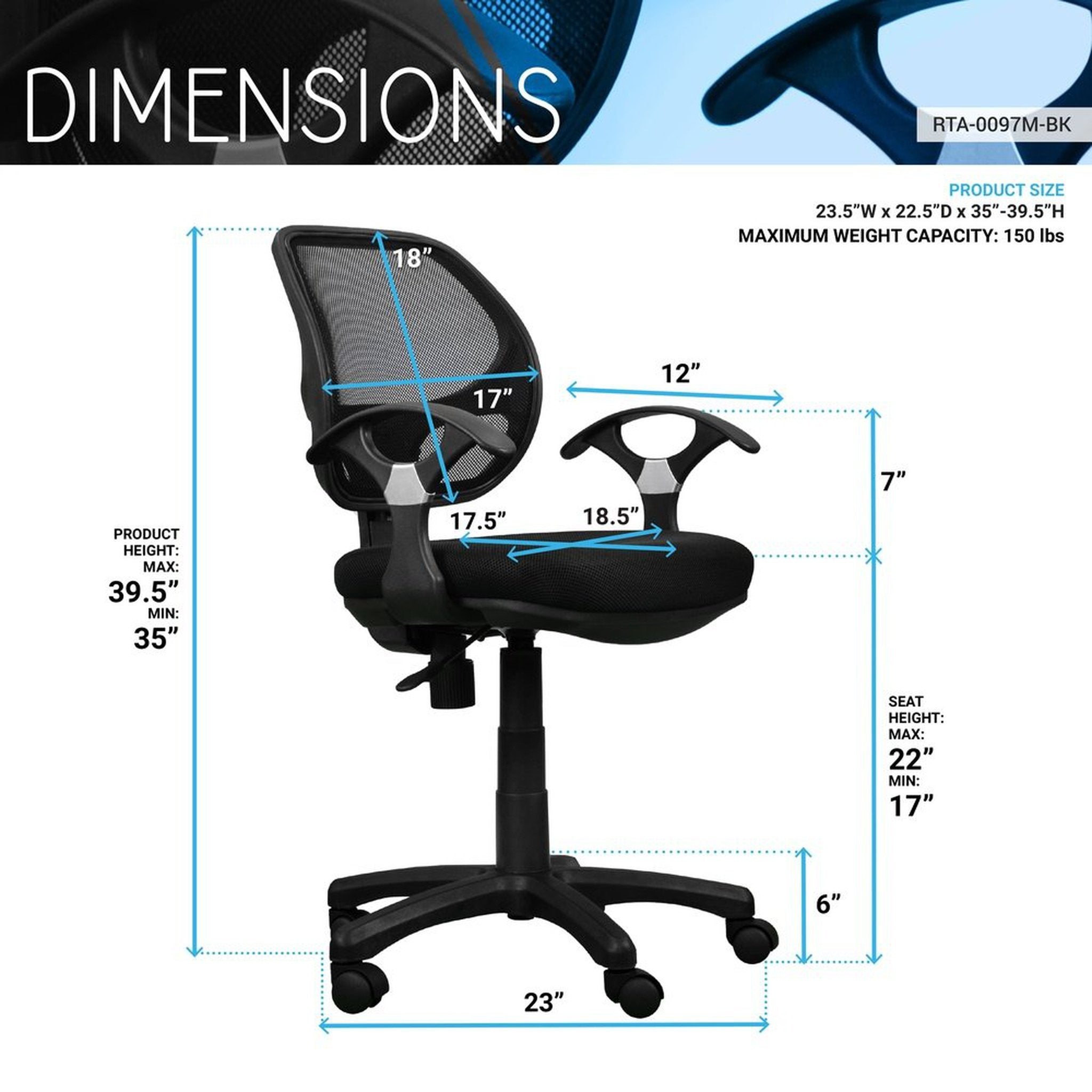 Techni Mobili Midback Mesh Task Office Chair, Black Techni Mobili Chairs