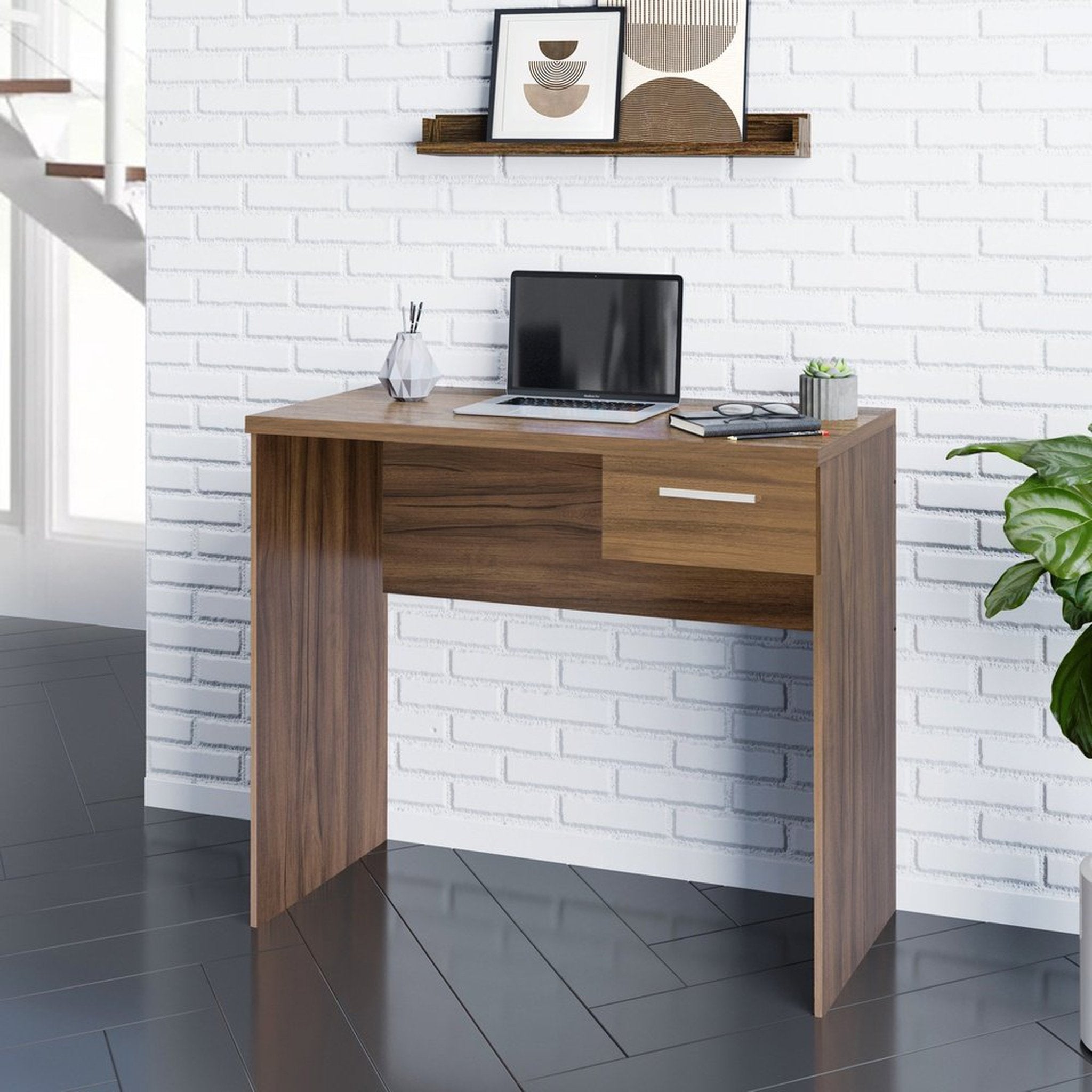 Techni Mobili Modern Computer Writing Desk with Drawer, Walnut Techni Mobili