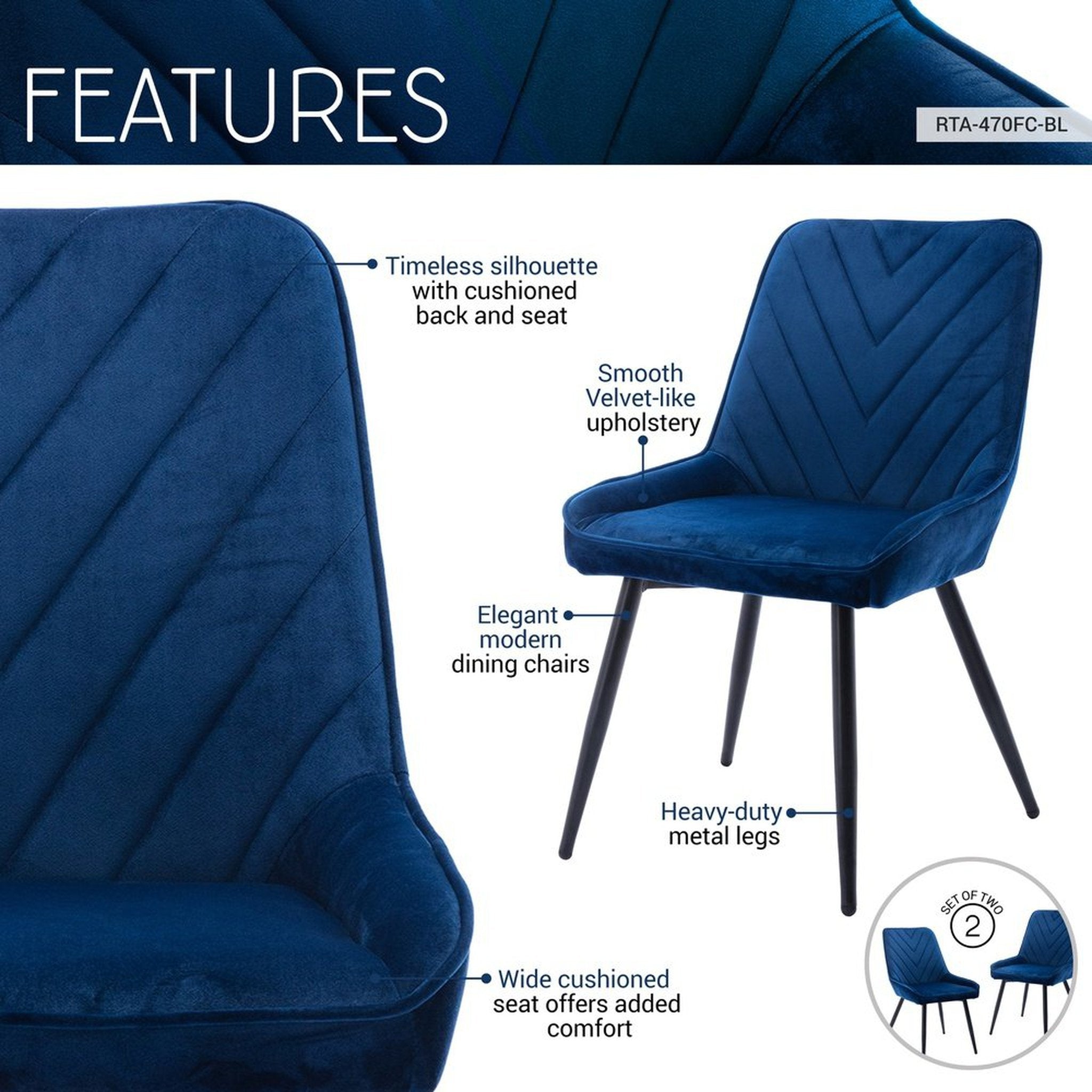 Techni Mobili Modern Contemporary Blue Velvet Chairs Set of 2 Techni Mobili Chairs