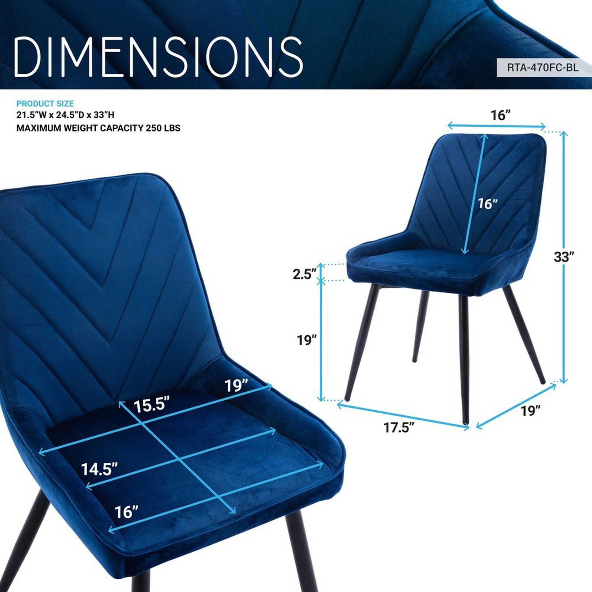 Techni Mobili Modern Contemporary Blue Velvet Chairs Set of 2 Techni Mobili Chairs