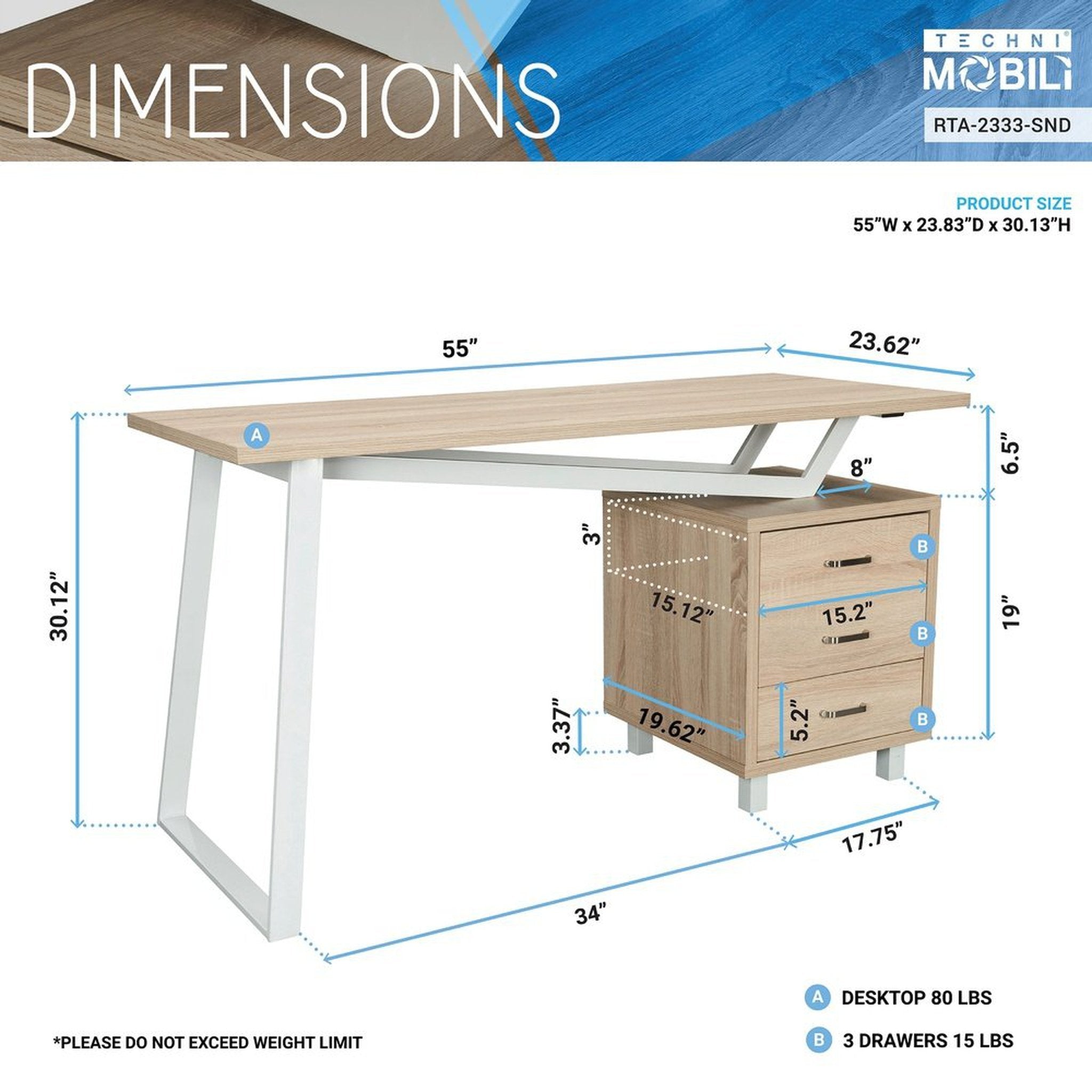 Techni Mobili Modern Design Computer Desk with Storage, Sand Techni Mobili