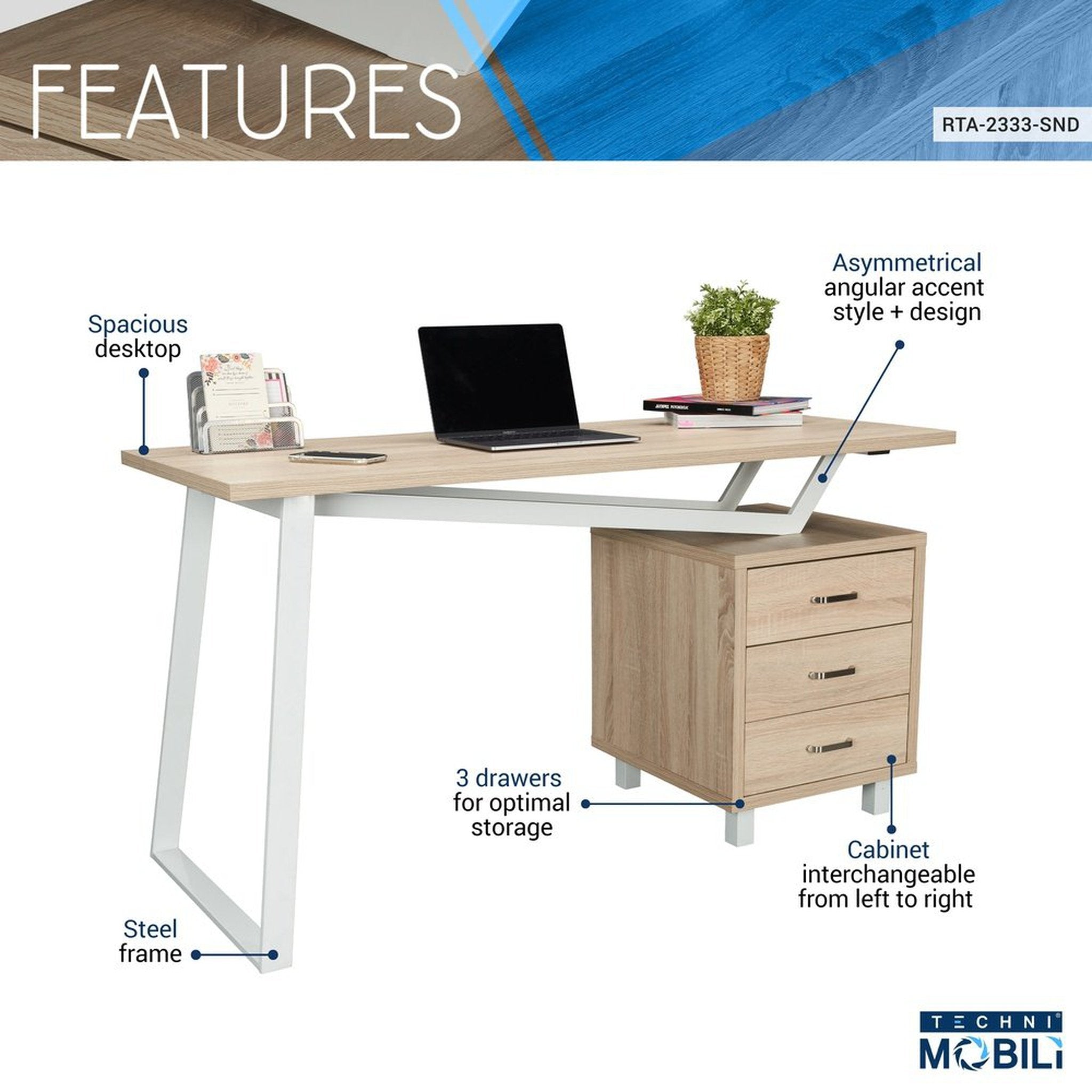 Techni Mobili Modern Design Computer Desk with Storage, Sand Techni Mobili