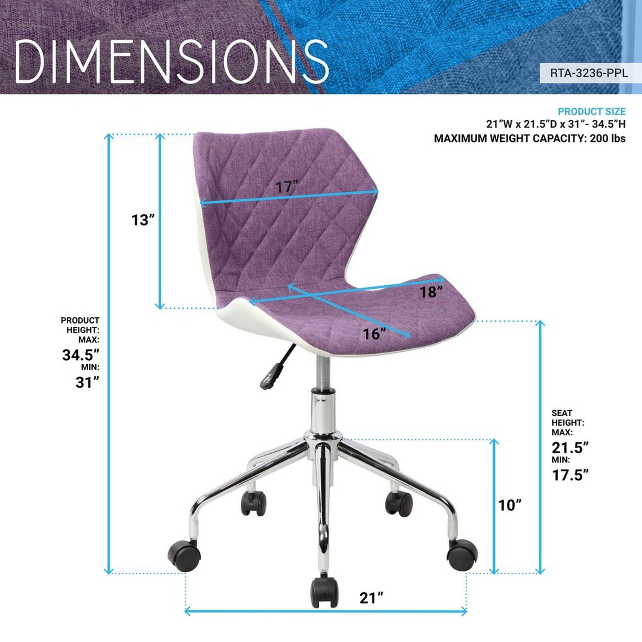 Techni Mobili Modern Height Adjustable Office Task Chair, Purple Techni Mobili Chairs