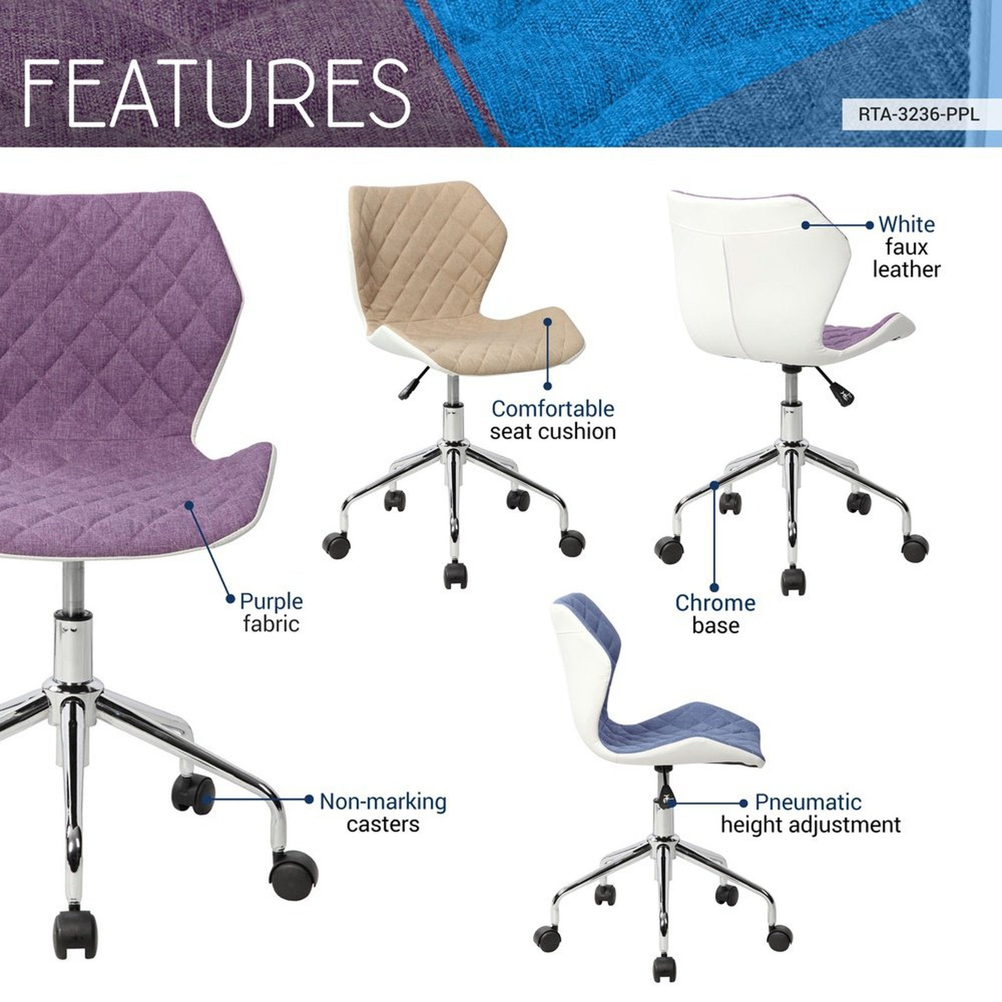 Techni Mobili Modern Height Adjustable Office Task Chair, Purple Techni Mobili Chairs
