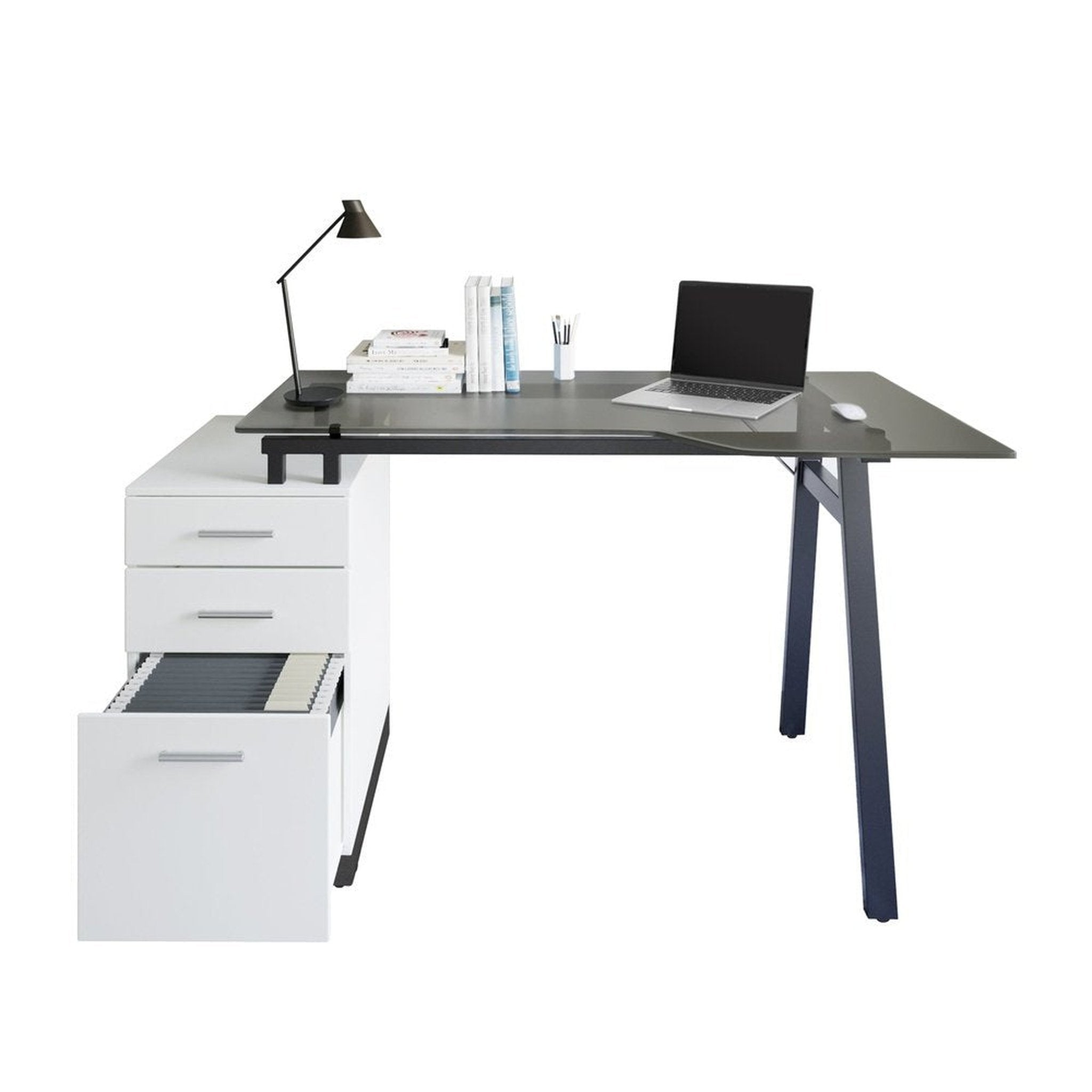 Techni Mobili Modern Home Office Computer Desk with smoke tempered glass top & storage - White Techni Mobili