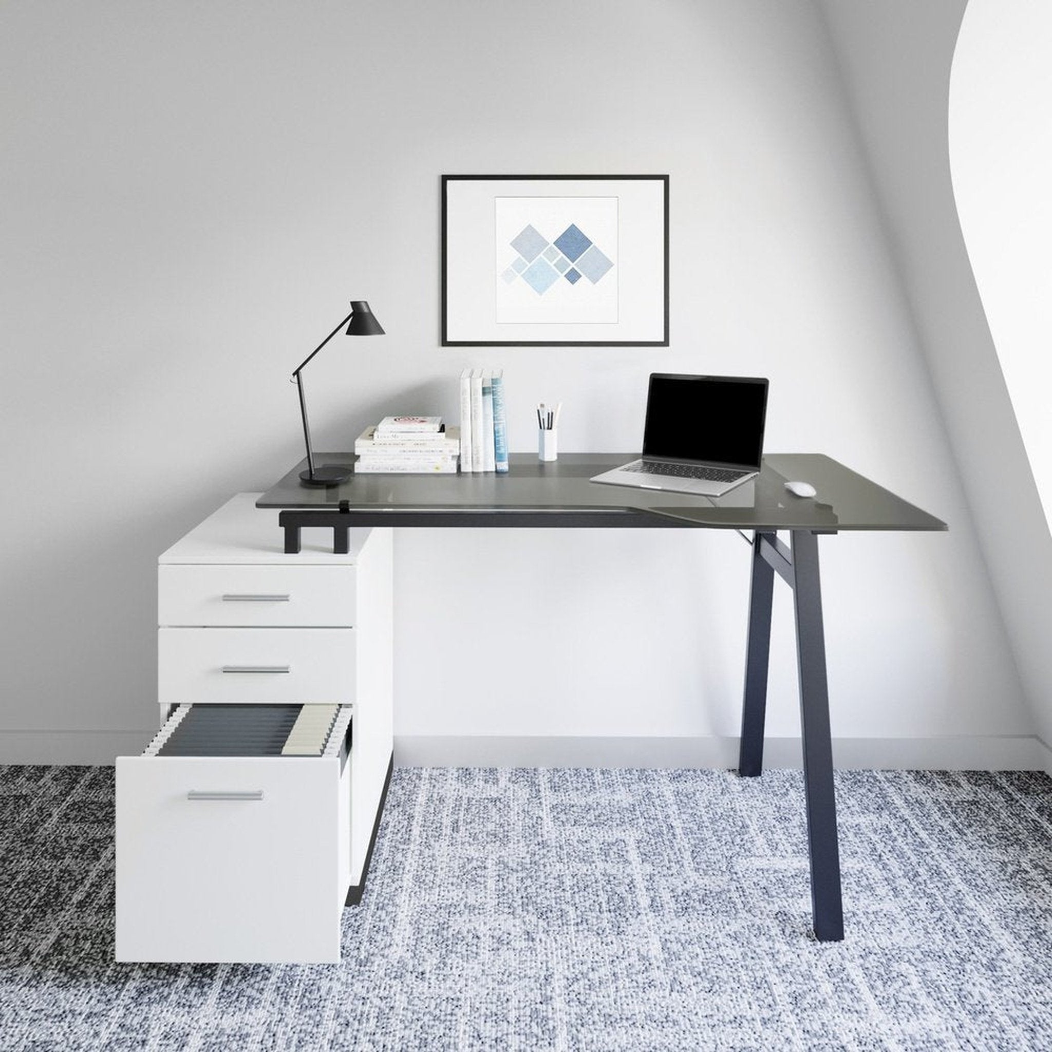 Techni Mobili Modern Home Office Computer Desk with smoke tempered glass top & storage - White Techni Mobili