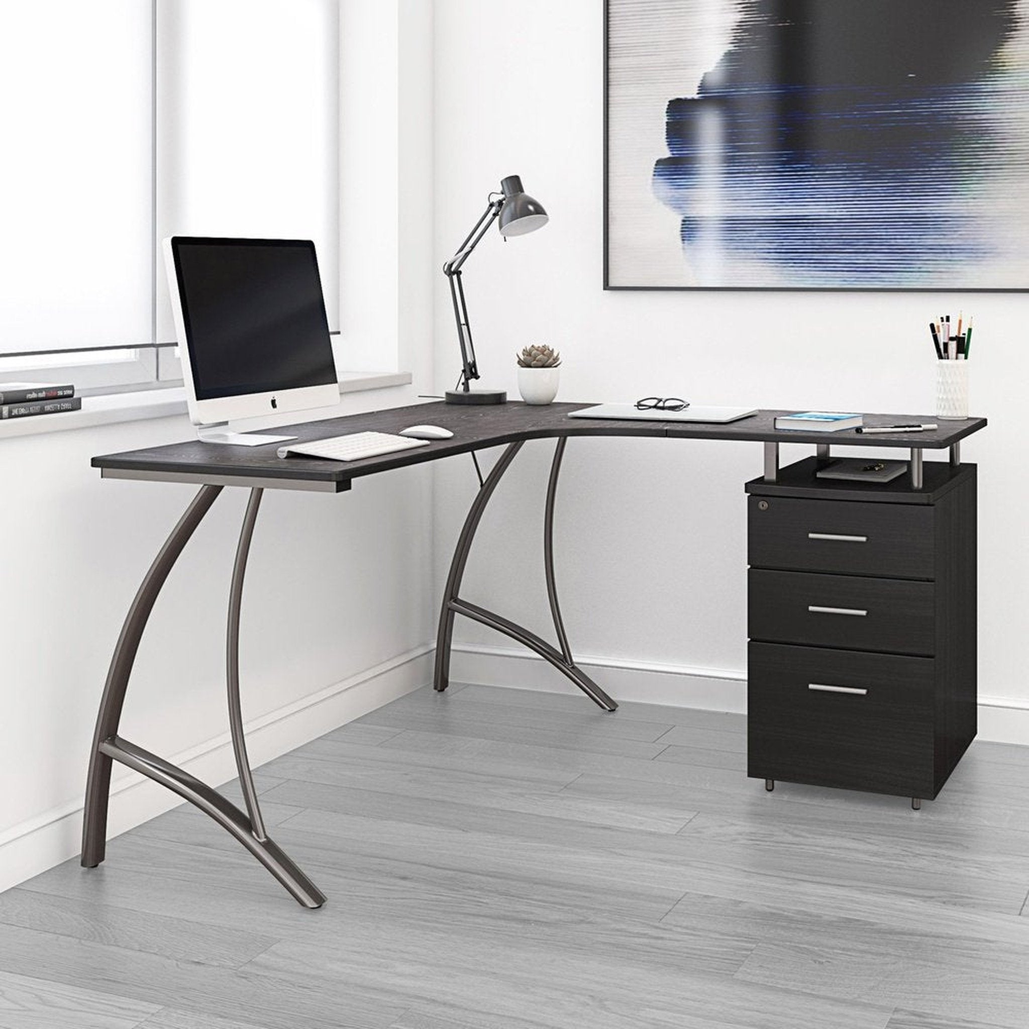 Techni Mobili Modern L- Shaped Computer Desk with File Cabinet and Storage, Espresso Techni Mobili Desks