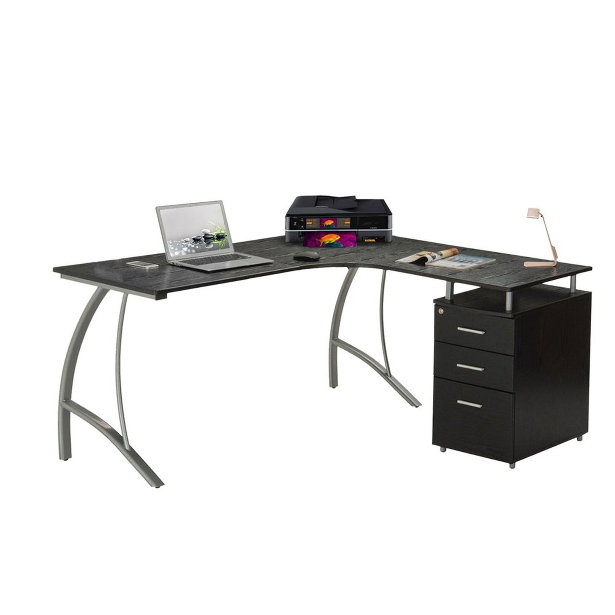 Techni Mobili Modern L- Shaped Computer Desk with File Cabinet and Storage, Espresso Techni Mobili Desks