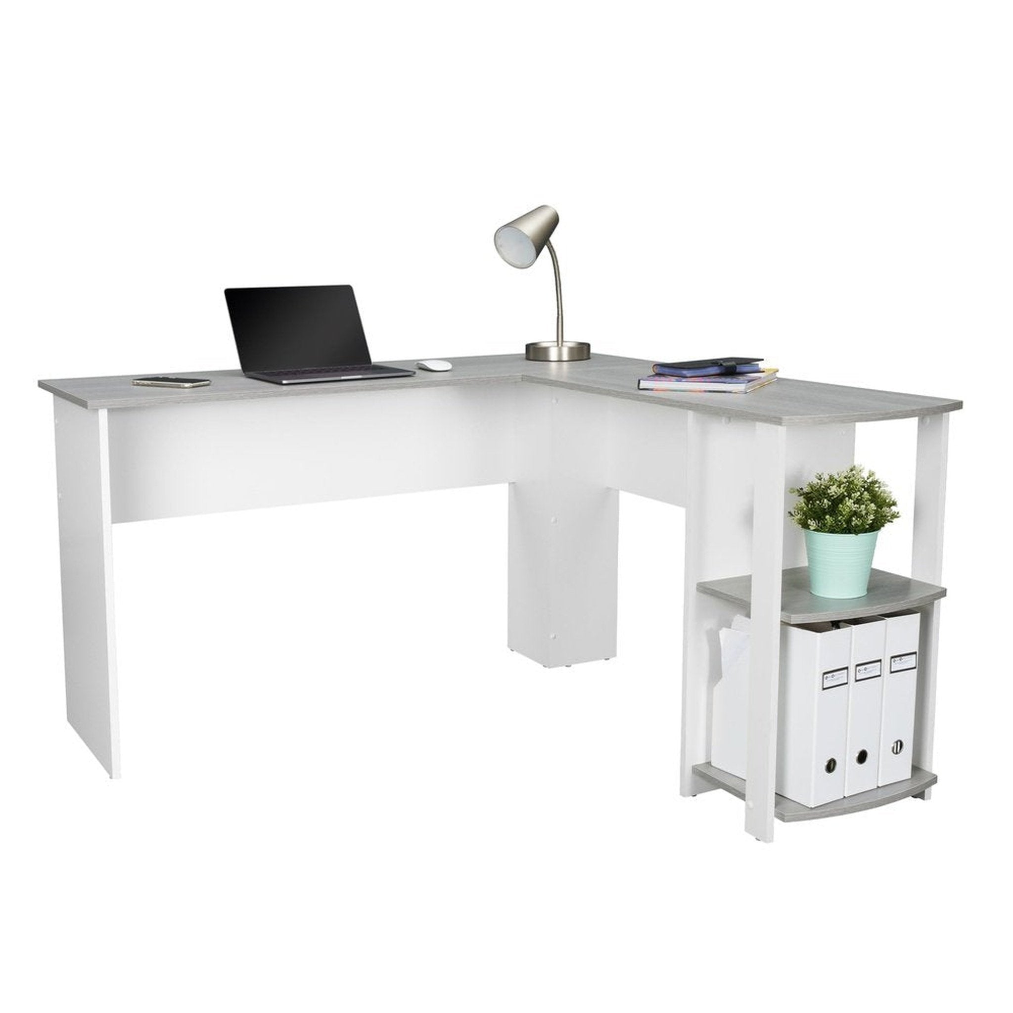 Techni Mobili Modern L-Shaped Desk with Side Shelves, Grey Techni Mobili