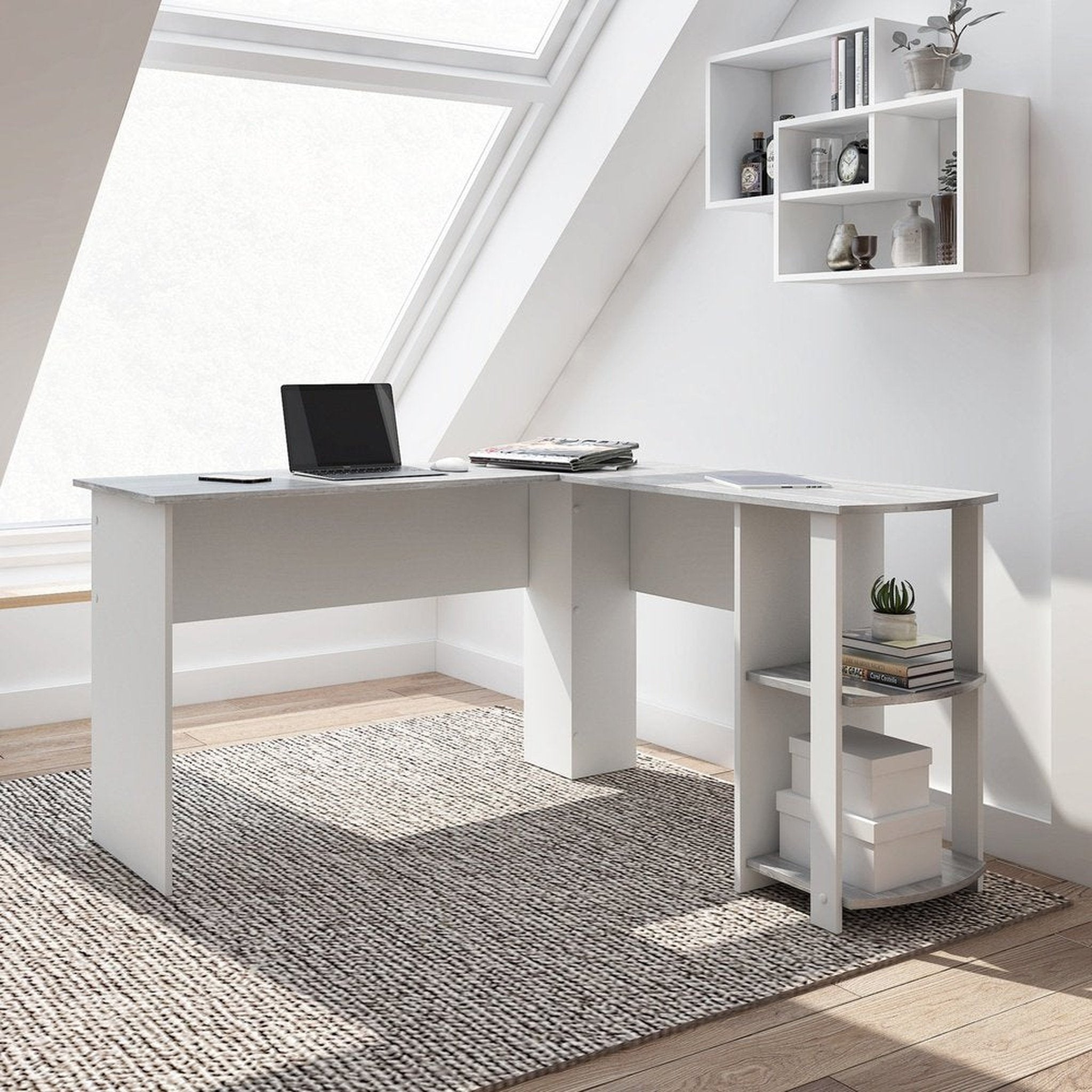 Techni Mobili Modern L-Shaped Desk with Side Shelves, Grey Techni Mobili