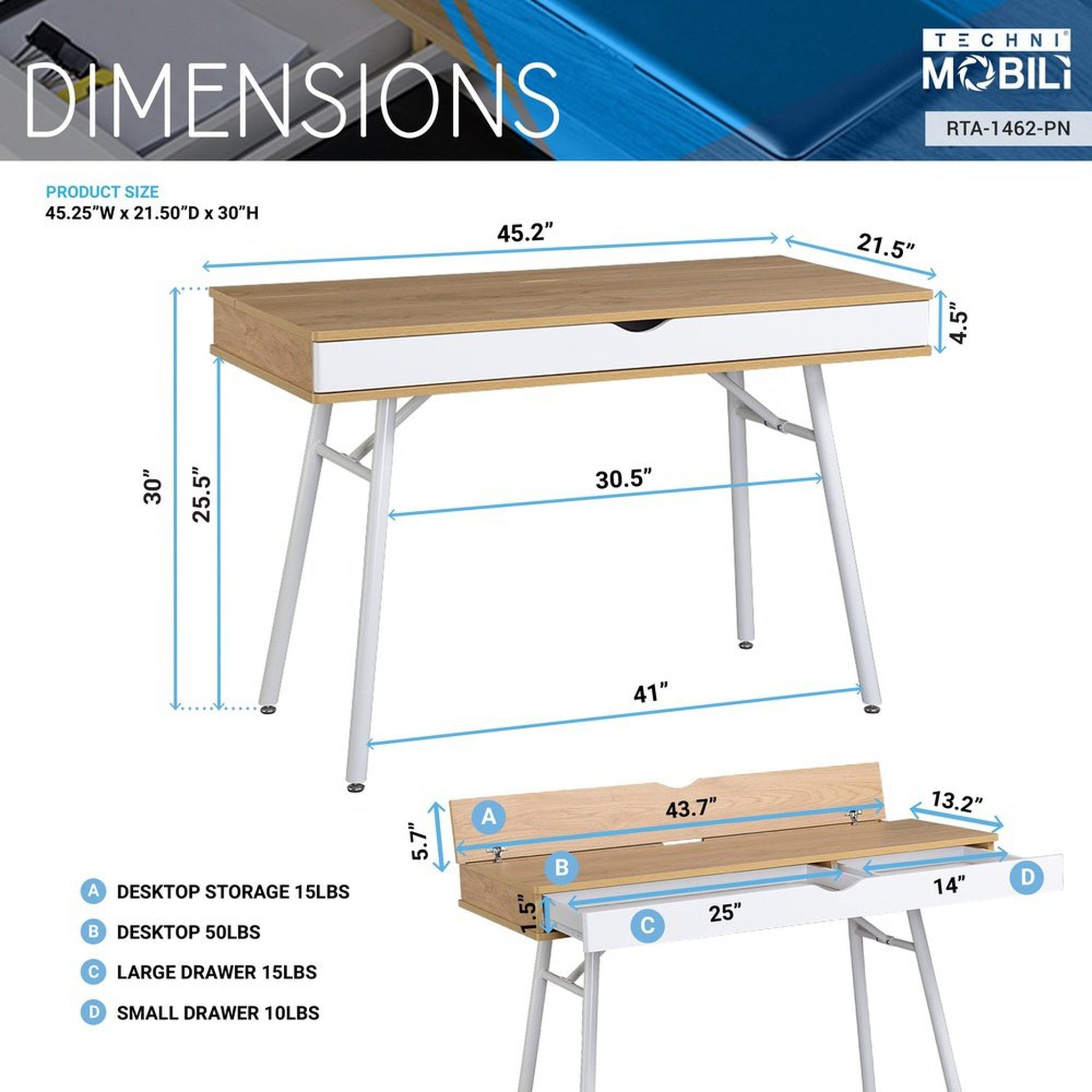 Techni Mobili Modern Multi Storage Computer Desk with Storage, Pine Techni Mobili
