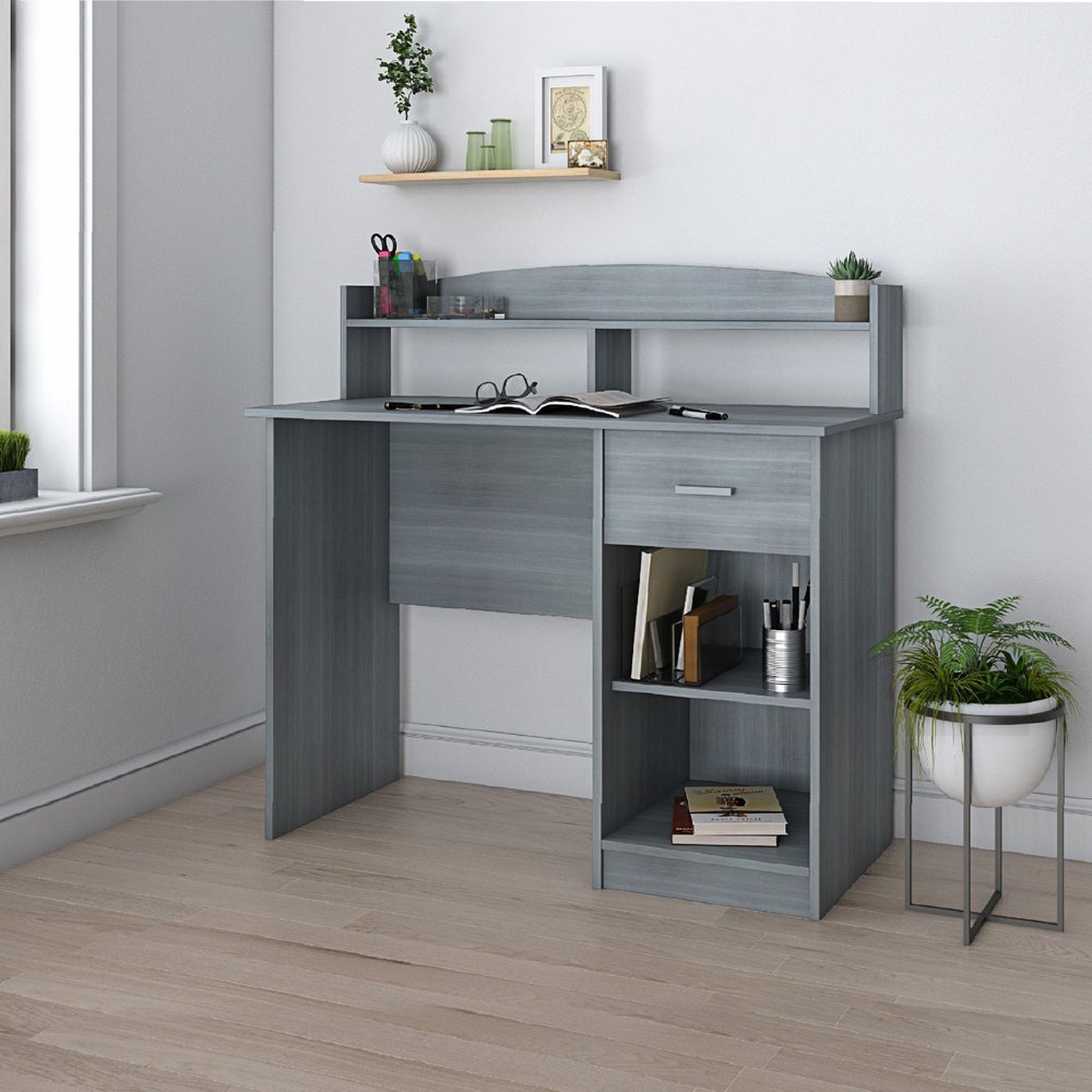 Techni Mobili Modern Office Desk with Hutch, Grey Techni Mobili