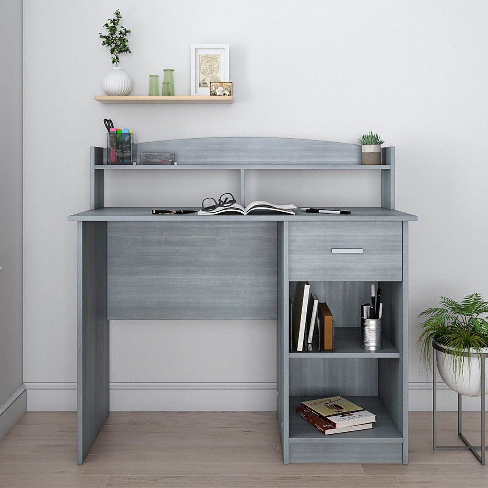Techni Mobili Modern Office Desk with Hutch, Grey Techni Mobili