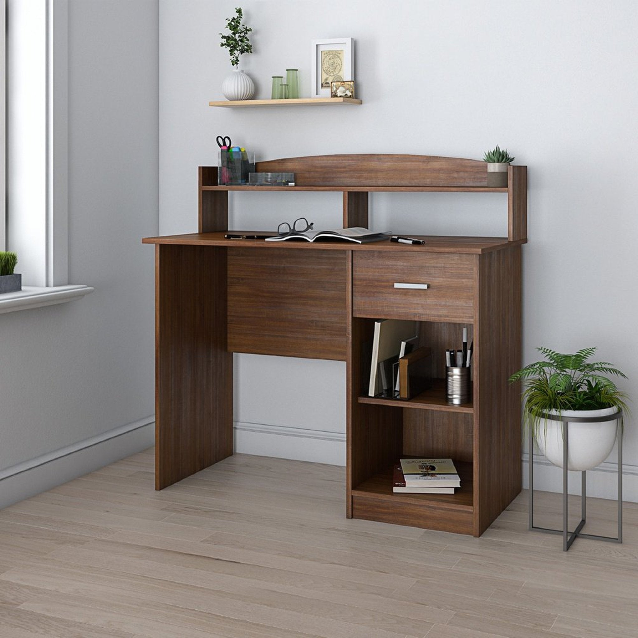 Techni Mobili Modern Office Desk with Hutch, Oak Techni Mobili