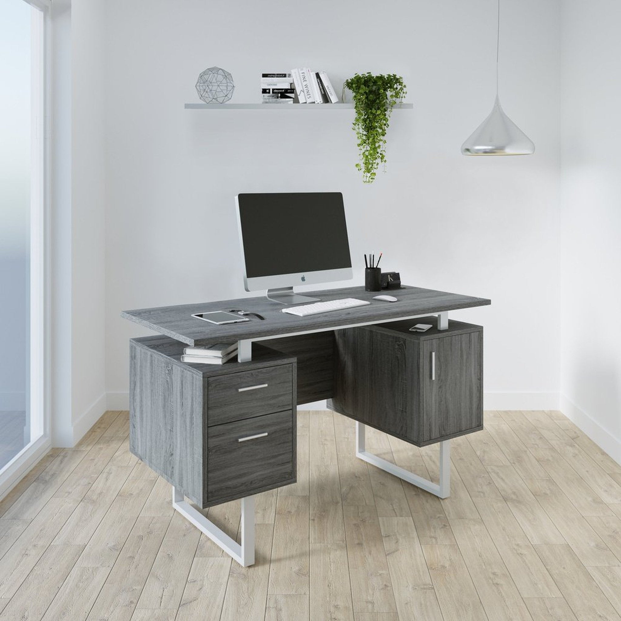 Techni Mobili Modern Office Desk with Storage, Grey Techni Mobili