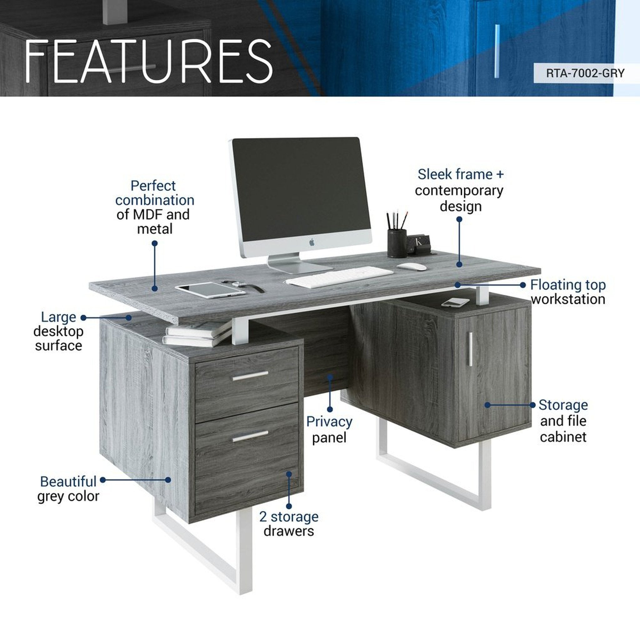 Techni Mobili Modern Office Desk with Storage, Grey Techni Mobili
