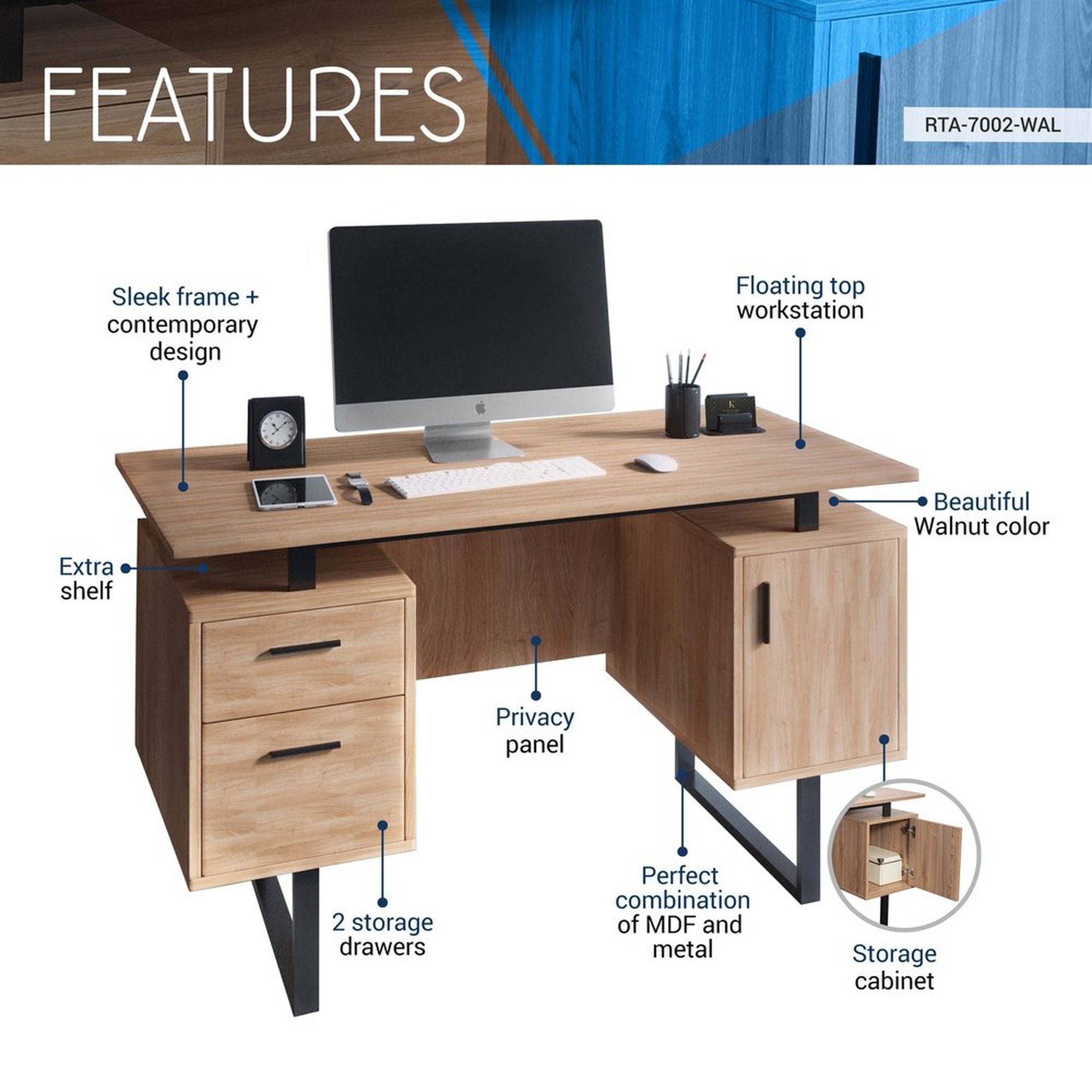 Techni Mobili Modern Office Desk with Storage, Walnut Techni Mobili