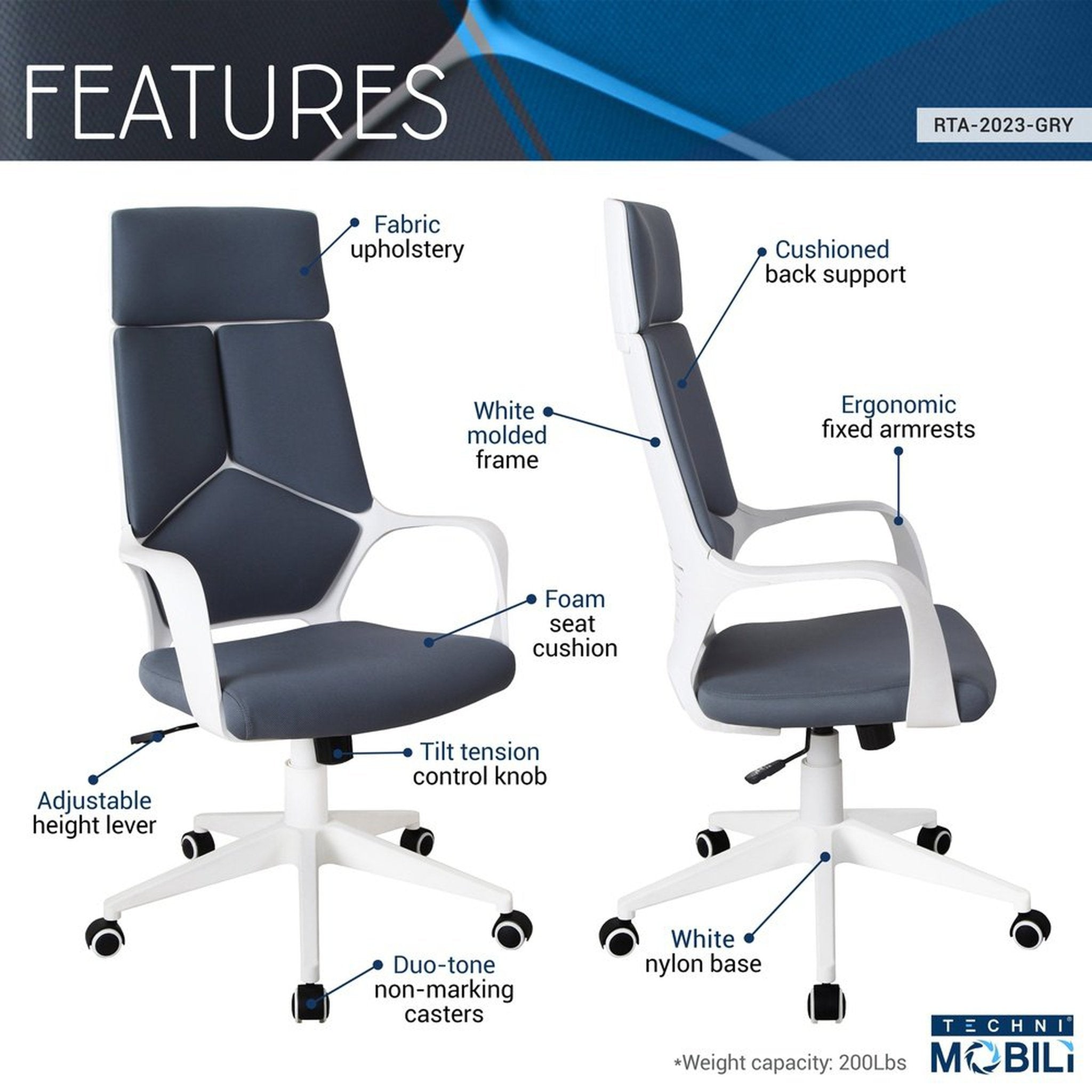 Techni Mobili Modern Studio Office Chair, Grey/White Techni Mobili Chairs