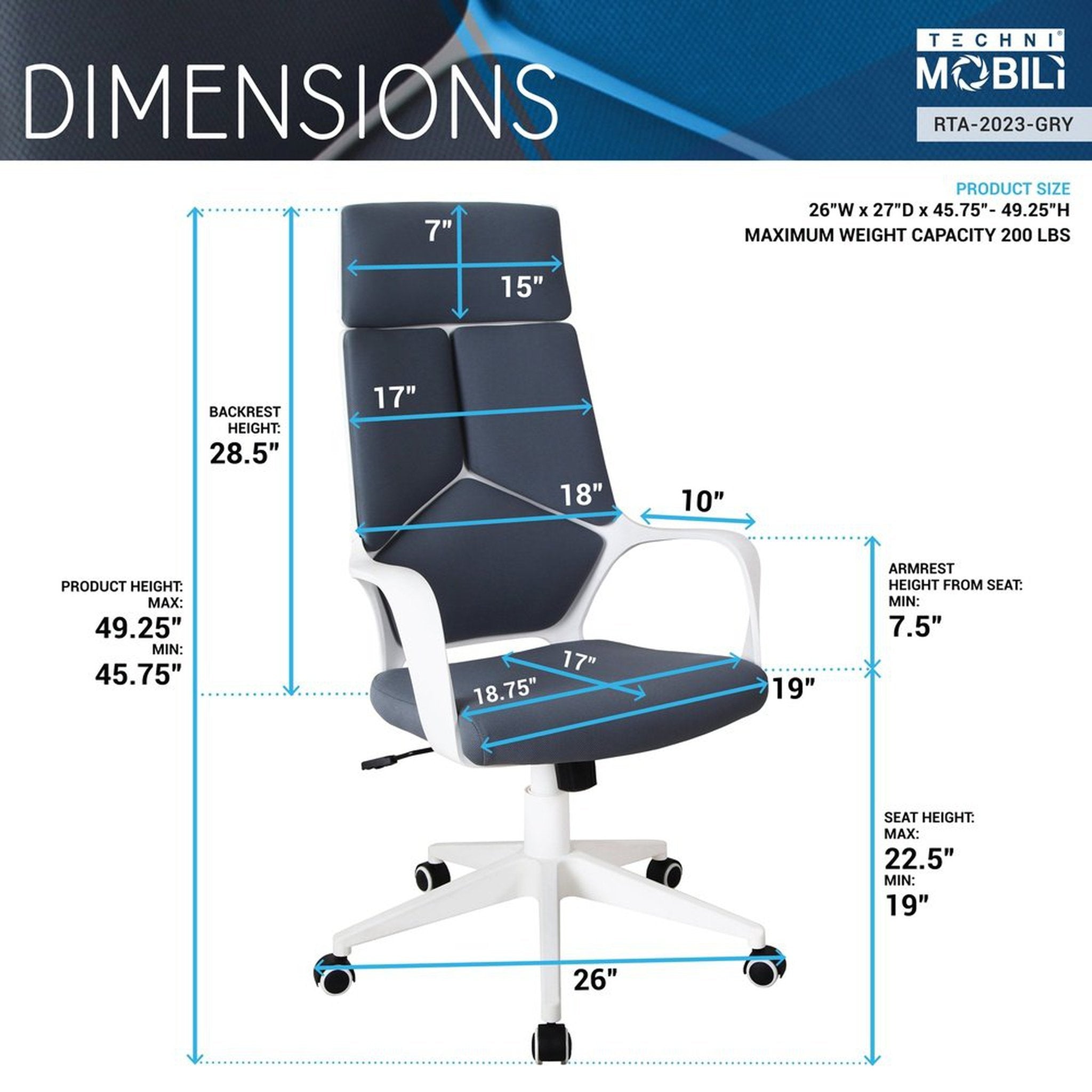 Techni Mobili Modern Studio Office Chair, Grey/White Techni Mobili Chairs