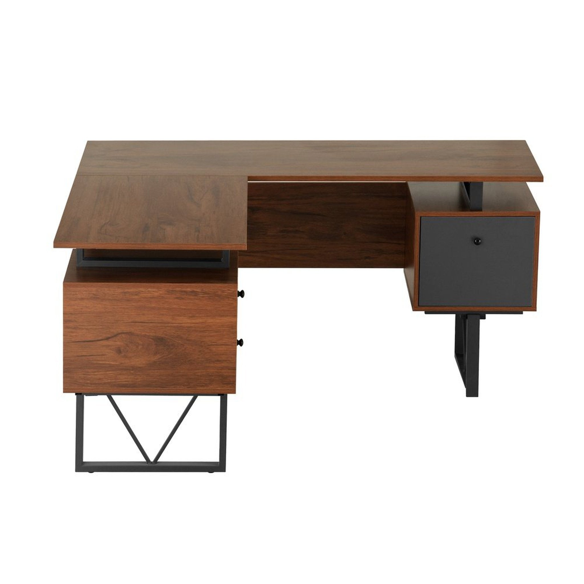 Techni Mobili Reversible L-Shape Computer Desk with Drawers and File Cabinet, Walnut Techni Mobili Desks