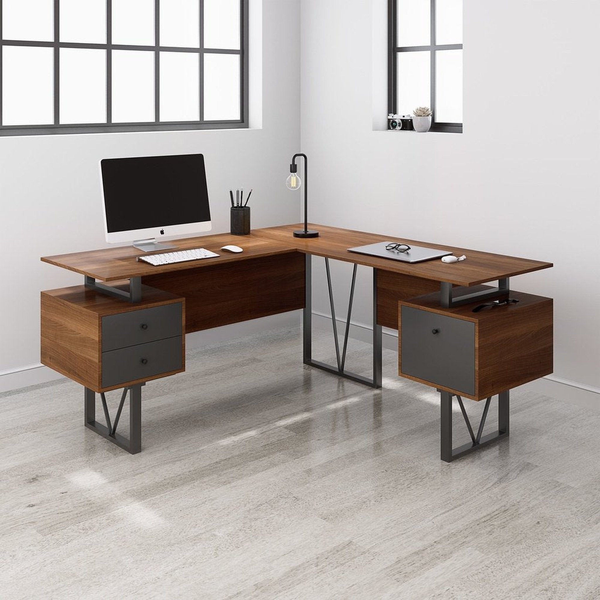 Techni Mobili Reversible L-Shape Computer Desk with Drawers and File Cabinet, Walnut Techni Mobili Desks