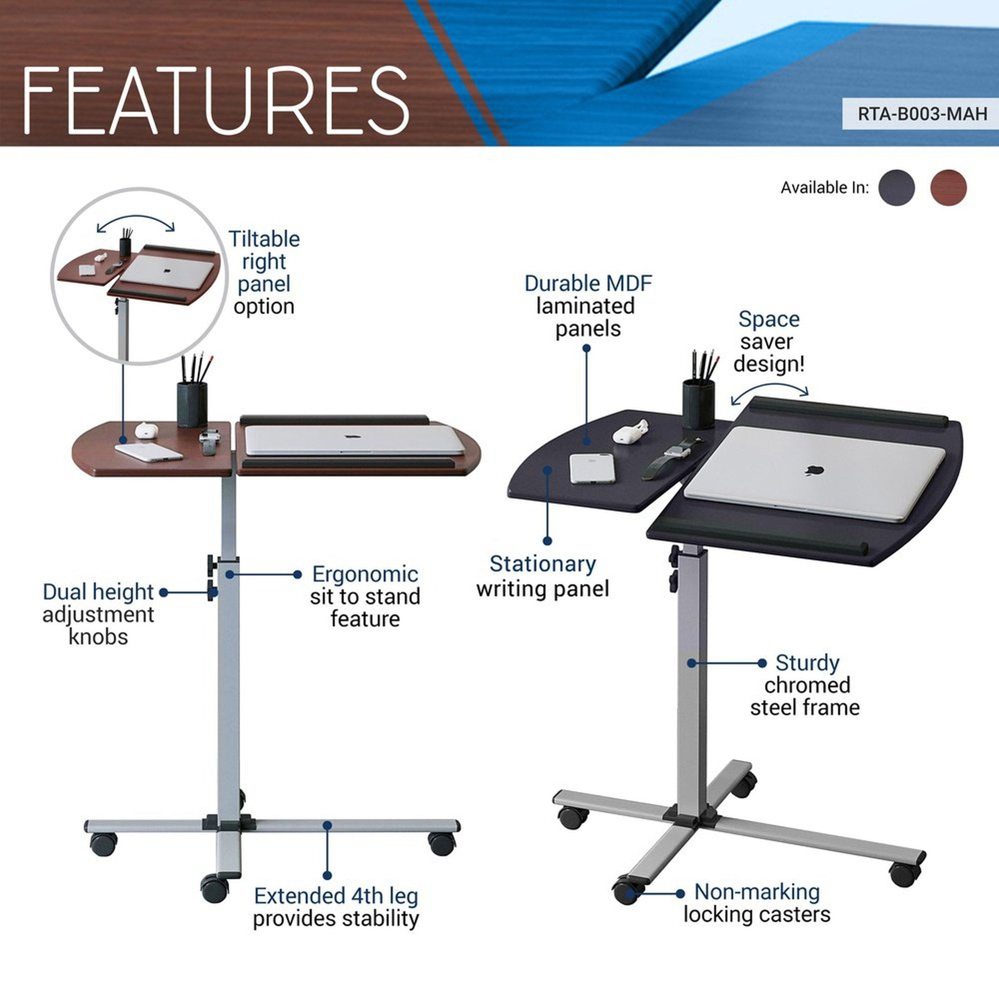 Techni Mobili Rolling Adjustable Laptop Cart, Mahogany Techni Mobili Desks