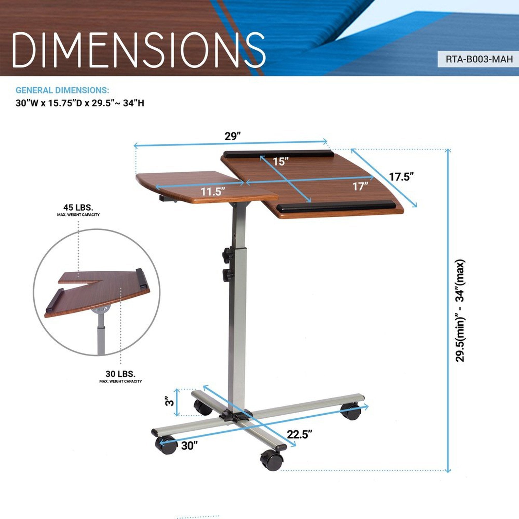 Techni Mobili Rolling Adjustable Laptop Cart, Mahogany Techni Mobili Desks
