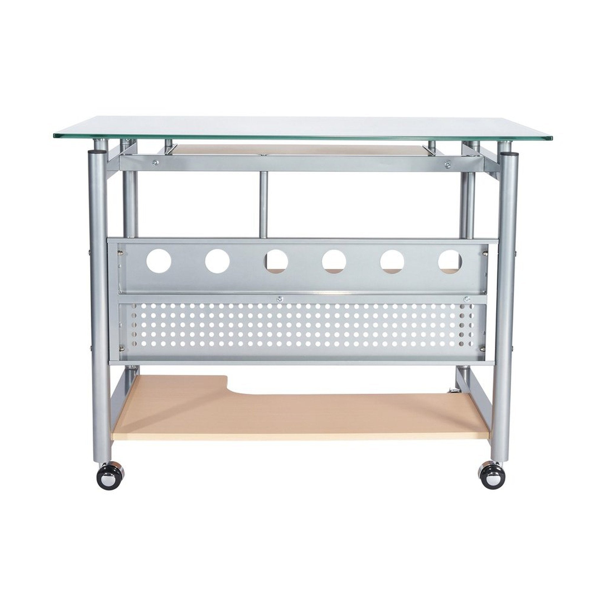 Techni Mobili Rolling Computer Desk, Glass and Silver Techni Mobili Desks