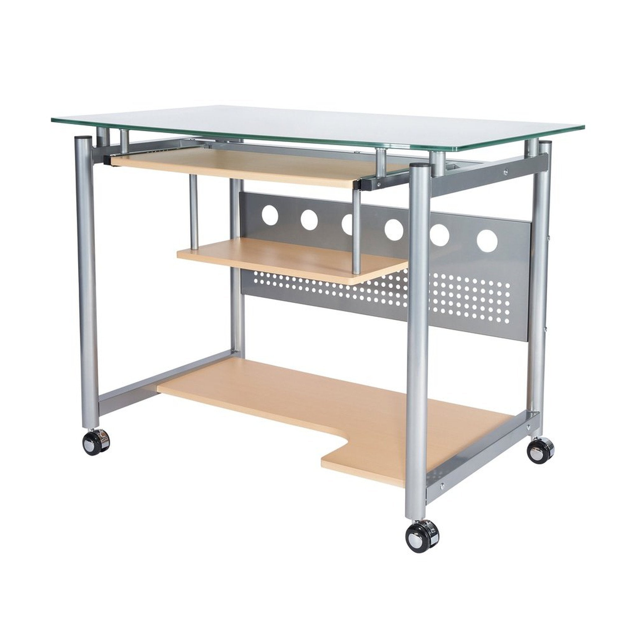 Techni Mobili Rolling Computer Desk, Glass and Silver Techni Mobili Desks