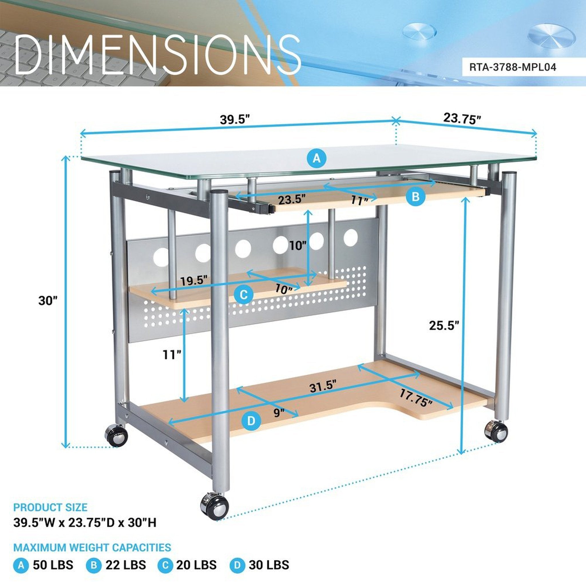 Techni Mobili Rolling Computer Desk, Glass and Silver Techni Mobili Desks
