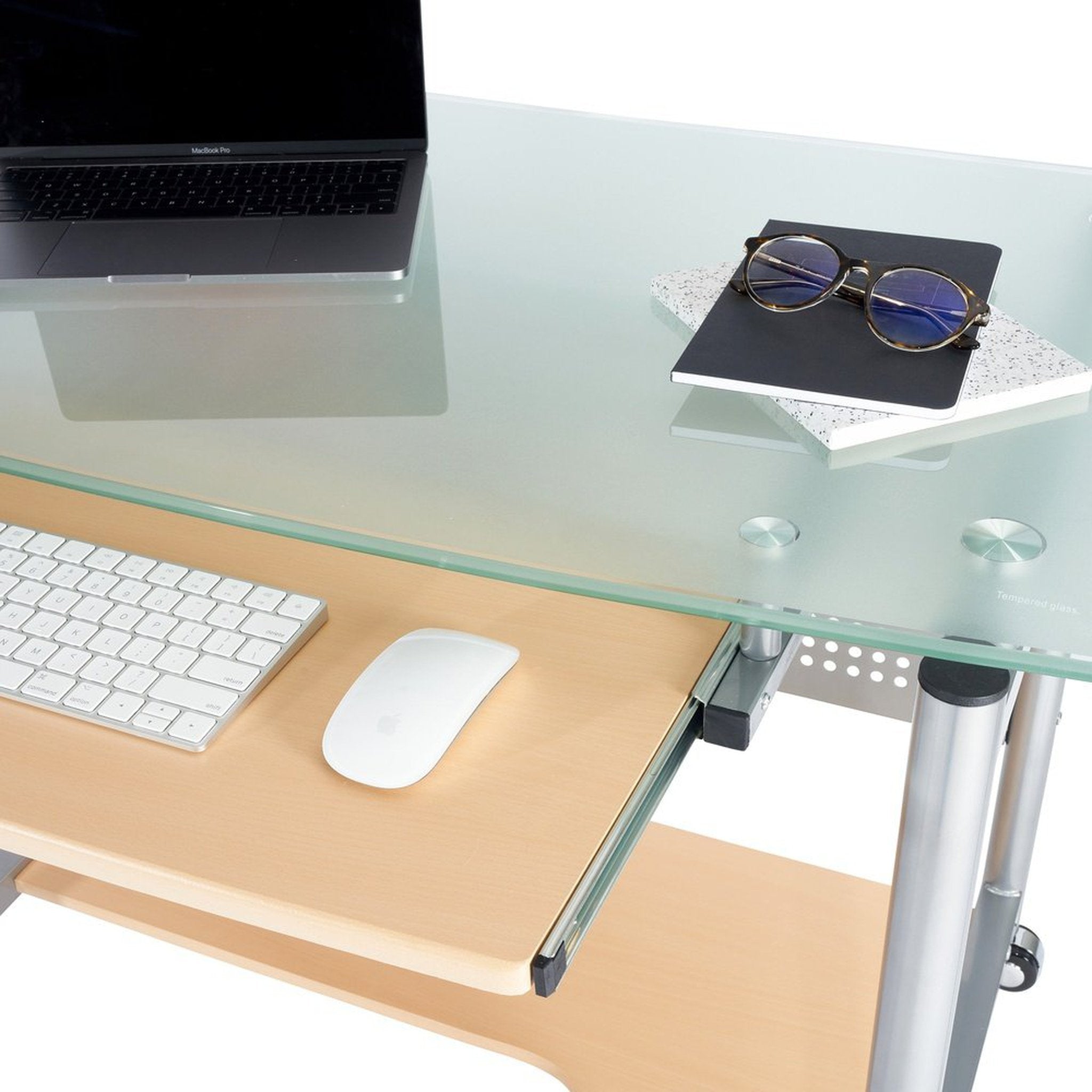 Techni Mobili Rolling Computer Desk, Glass and Silver Techni Mobili Desks