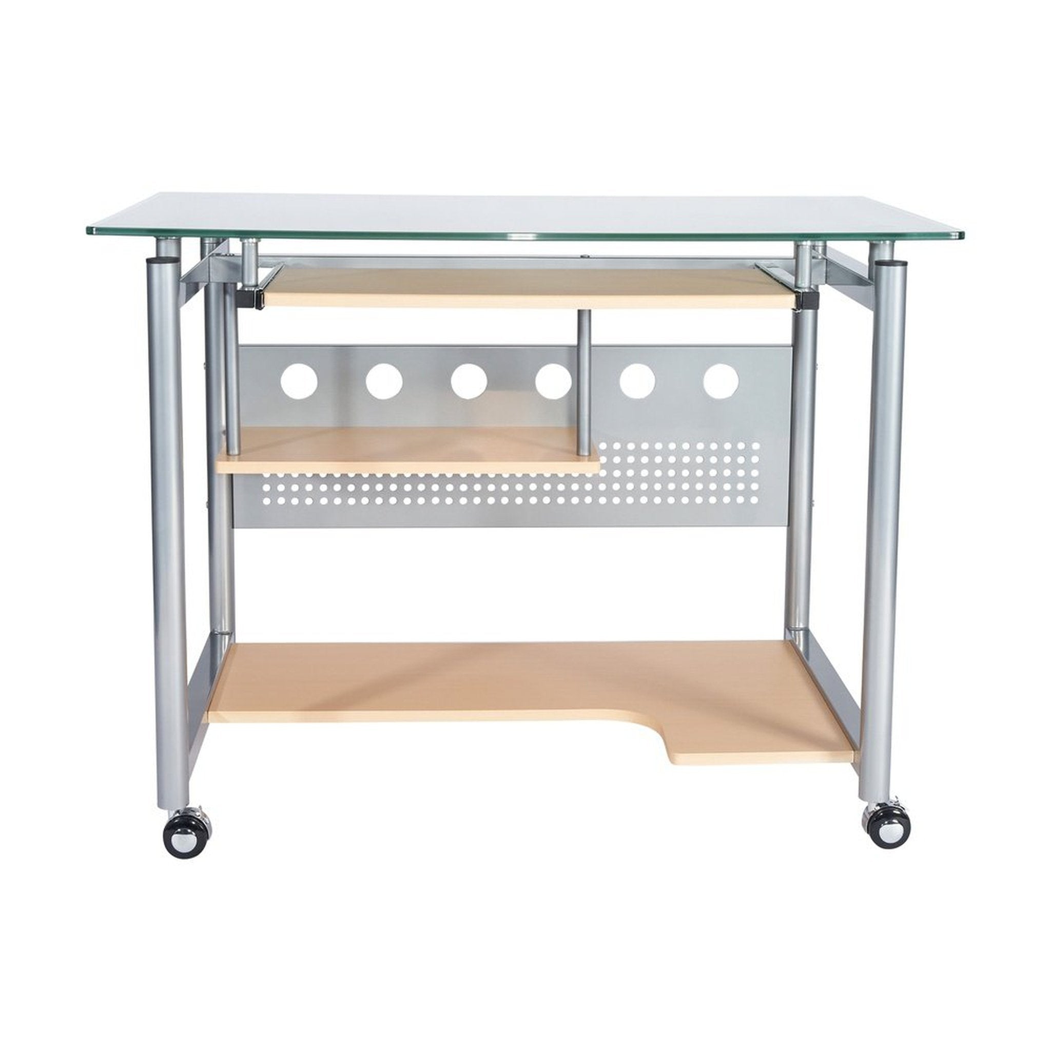 Techni Mobili Rolling Computer Desk, Glass and Silver Techni Mobili Desks