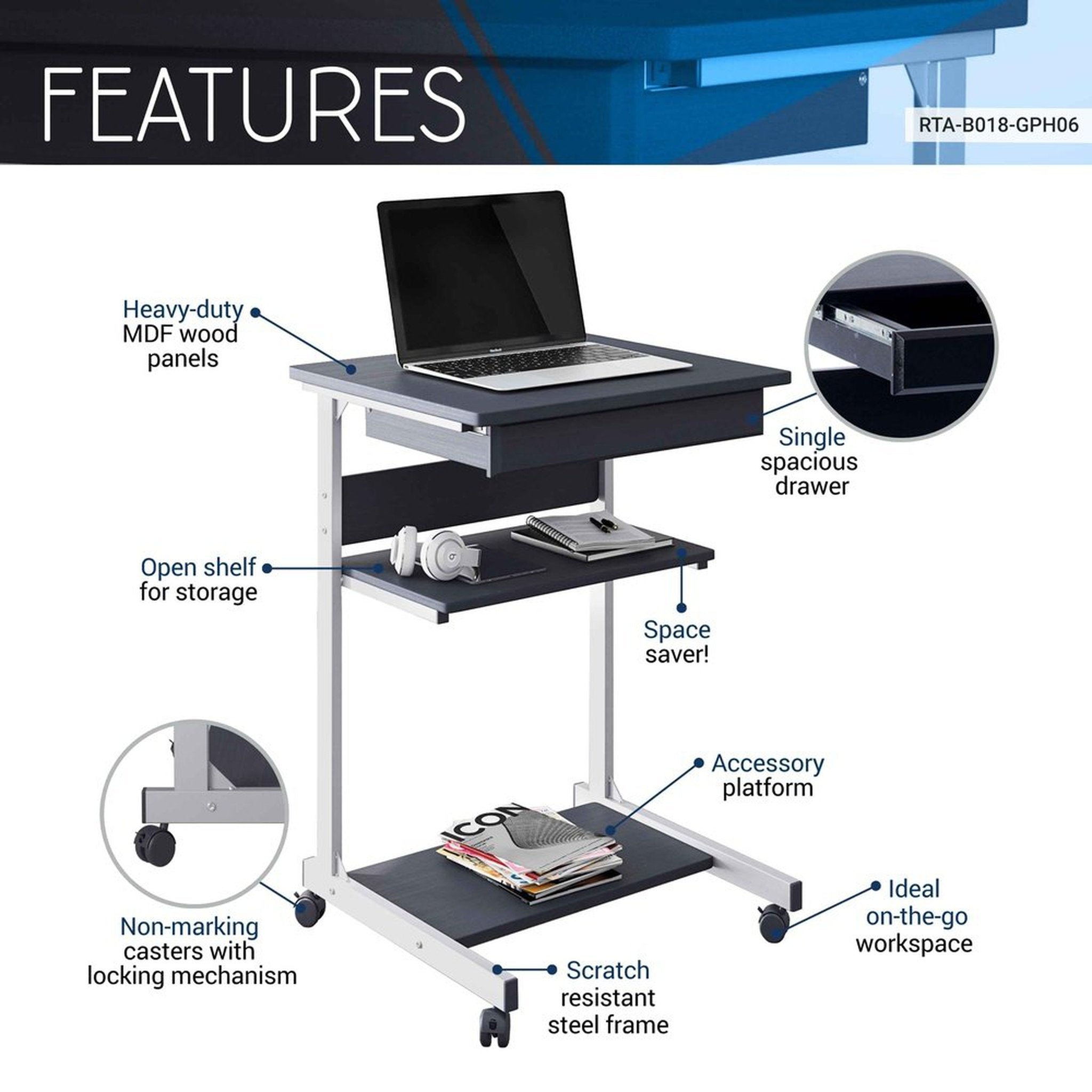 Techni Mobili Rolling Laptop Cart with Storage, Graphite Techni Mobili Desks