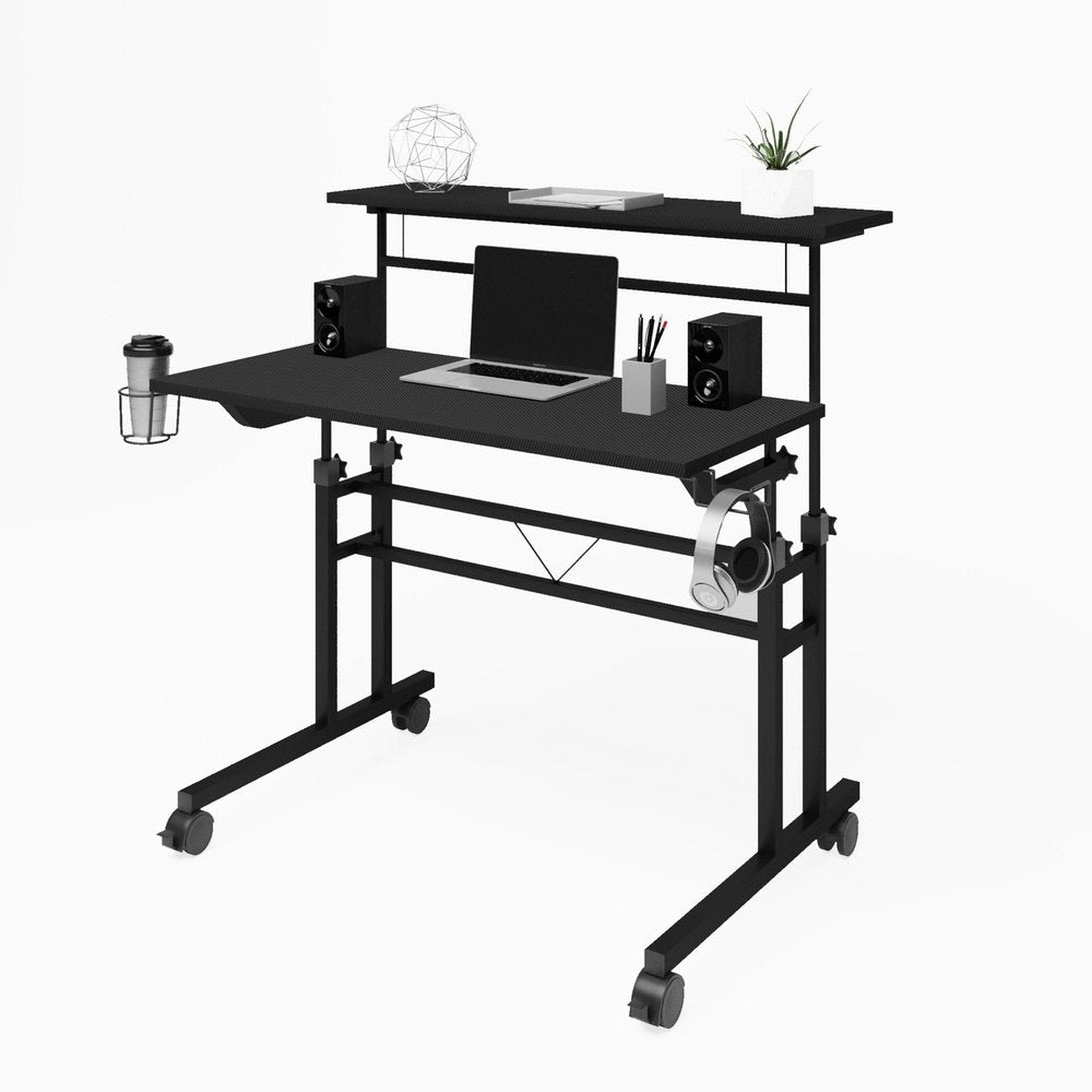 Techni Mobili Rolling Writing Desk with Height Adjustable Desktop and Moveable Shelf, Black Techni Mobili Desks