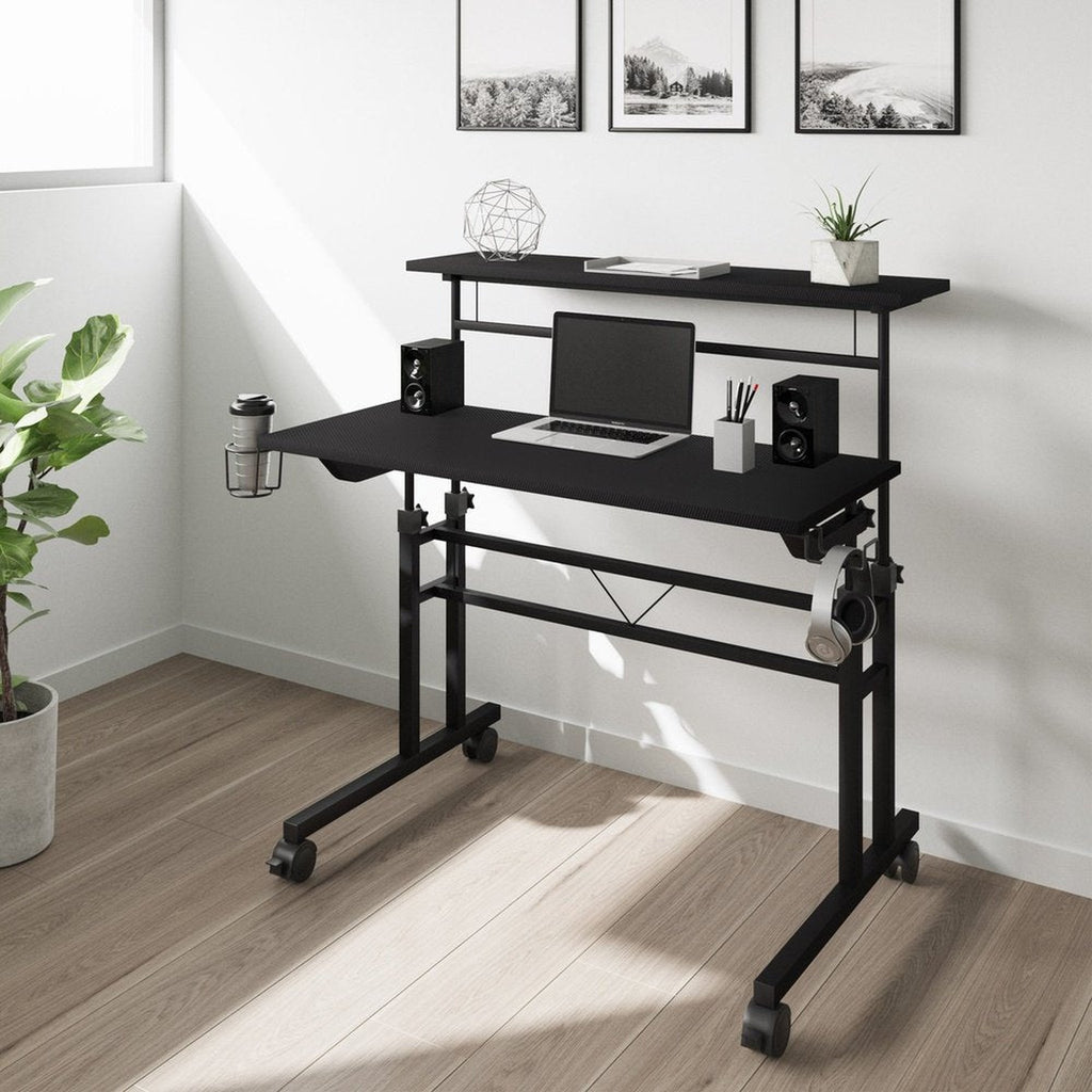 Techni Mobili Rolling Writing Desk with Height Adjustable Desktop and Moveable Shelf, Black Techni Mobili Desks