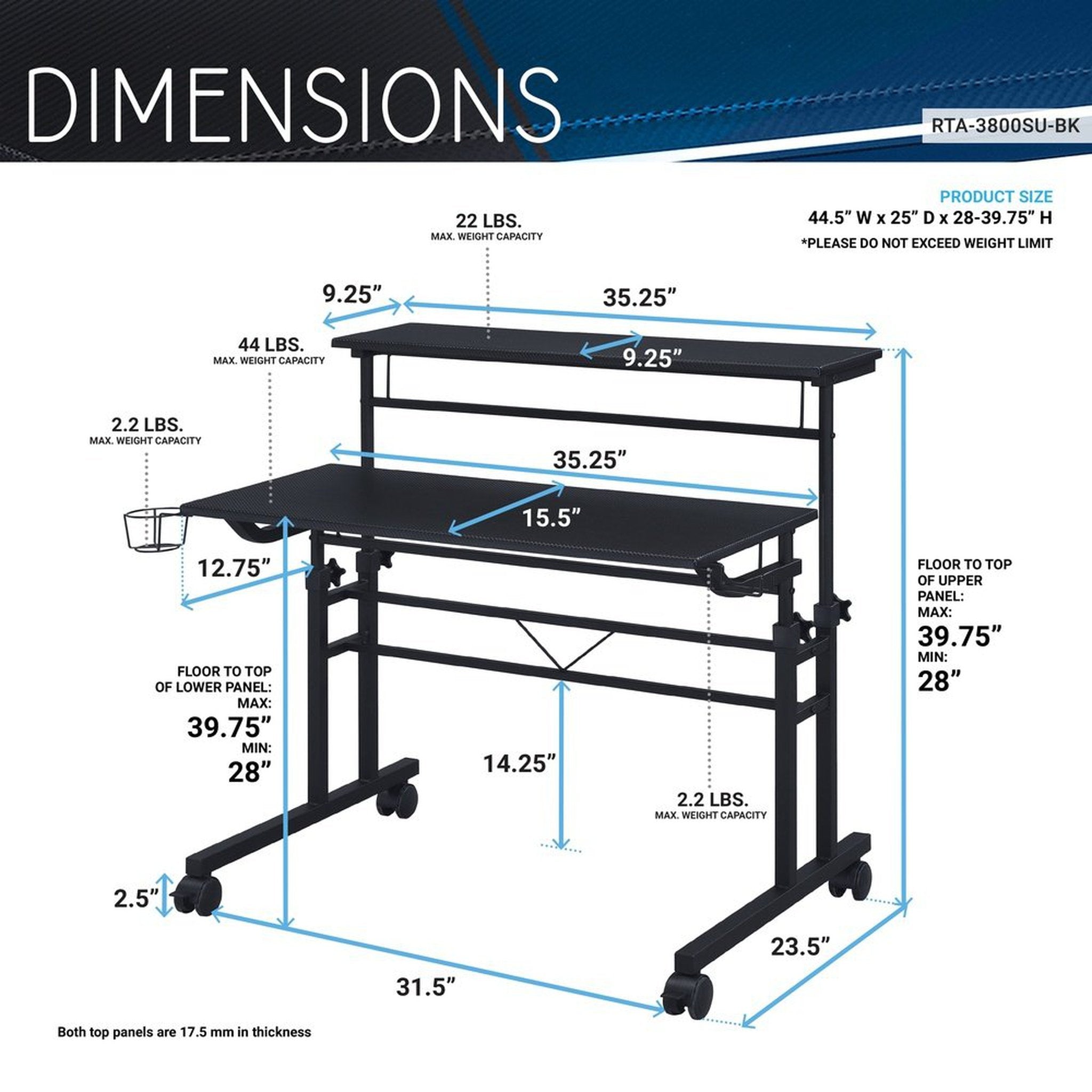 Techni Mobili Rolling Writing Desk with Height Adjustable Desktop and Moveable Shelf, Black Techni Mobili Desks