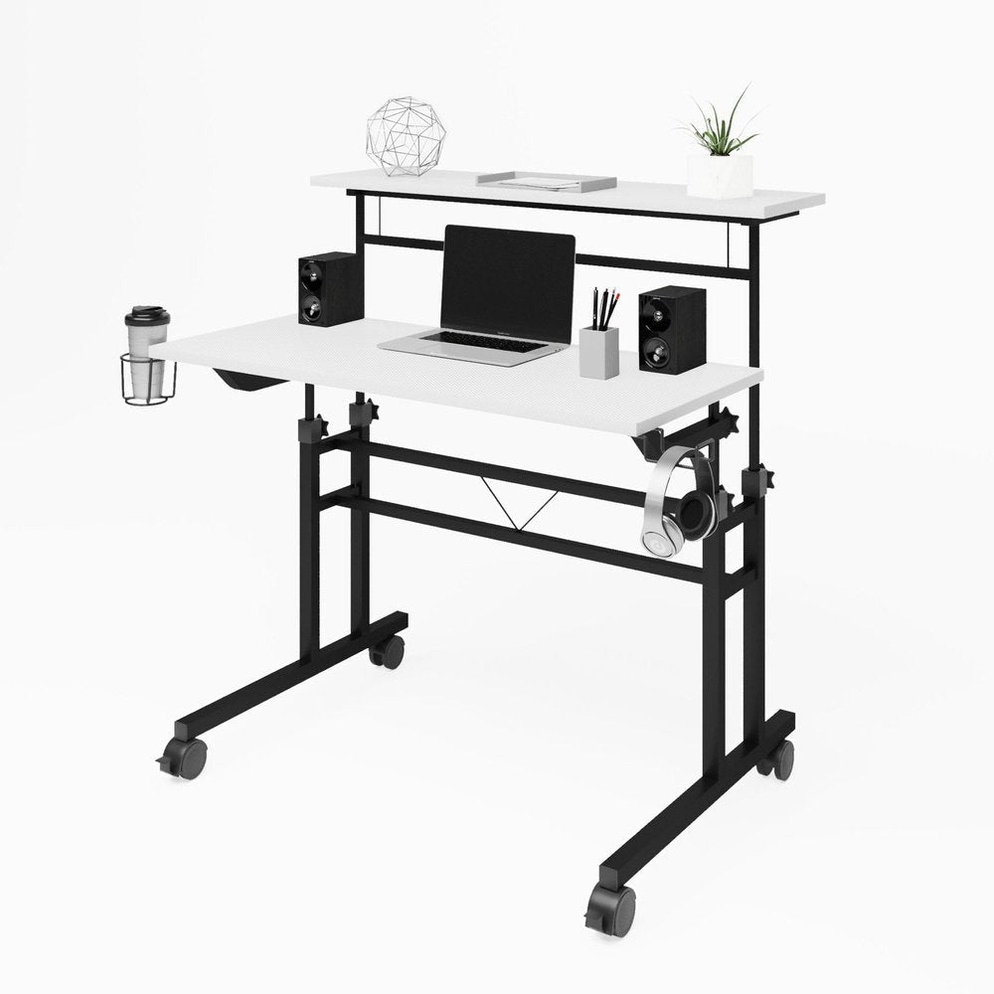 Techni Mobili Rolling Writing Desk with Height Adjustable Desktop and Moveable Shelf, White Techni Mobili Desks