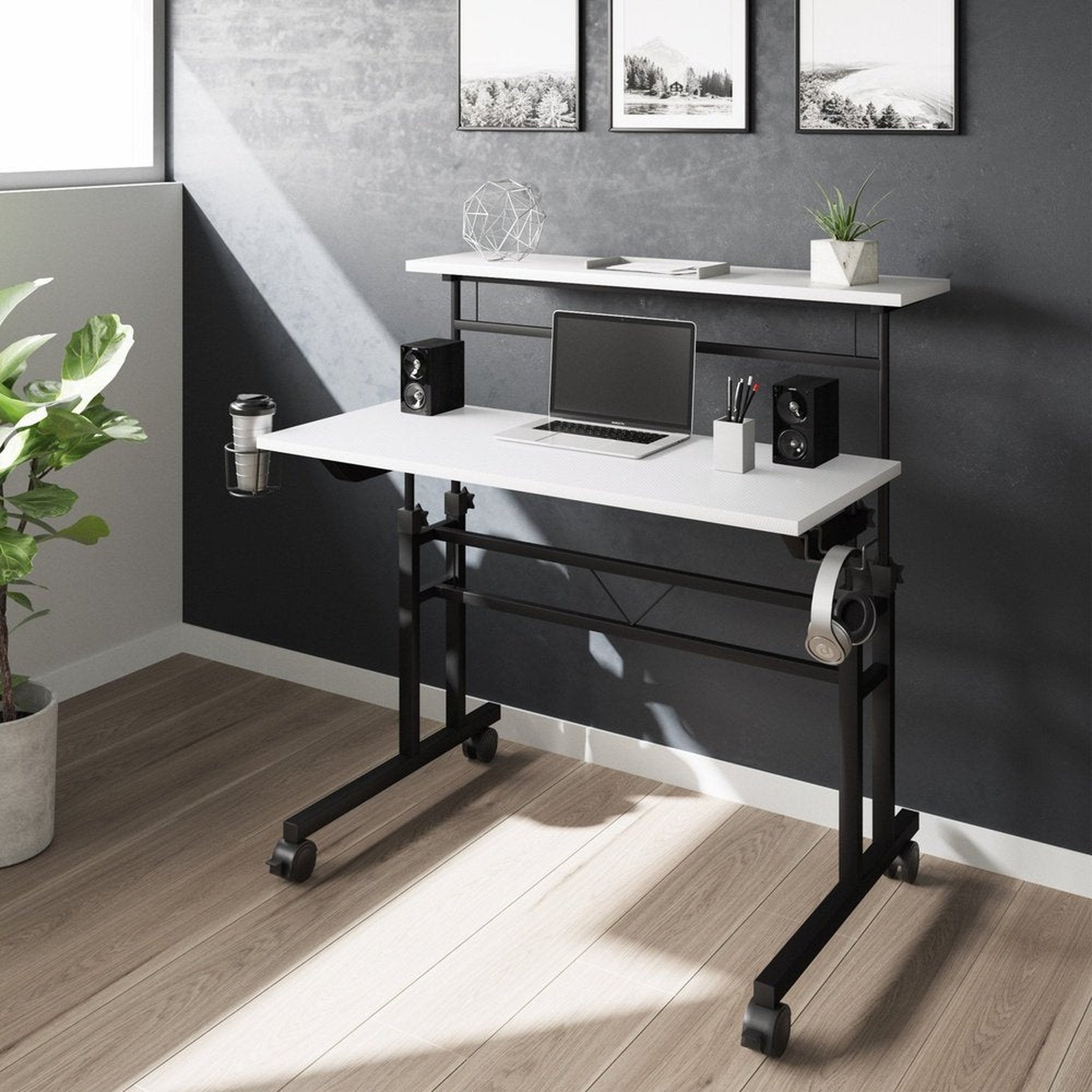 Techni Mobili Rolling Writing Desk with Height Adjustable Desktop and Moveable Shelf, White Techni Mobili Desks