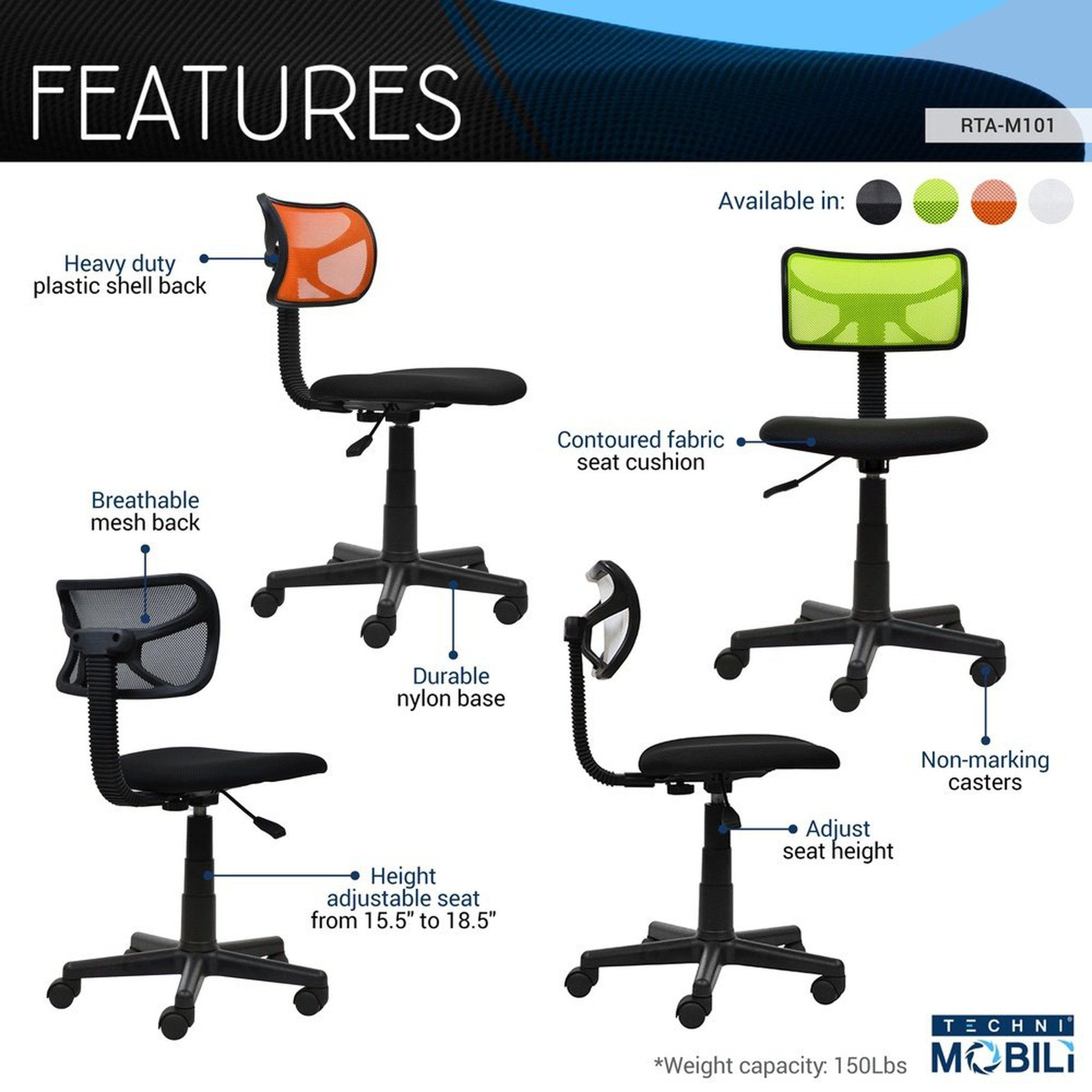 Techni Mobili Student Mesh Task Office Chair, Lime Techni Mobili Chairs