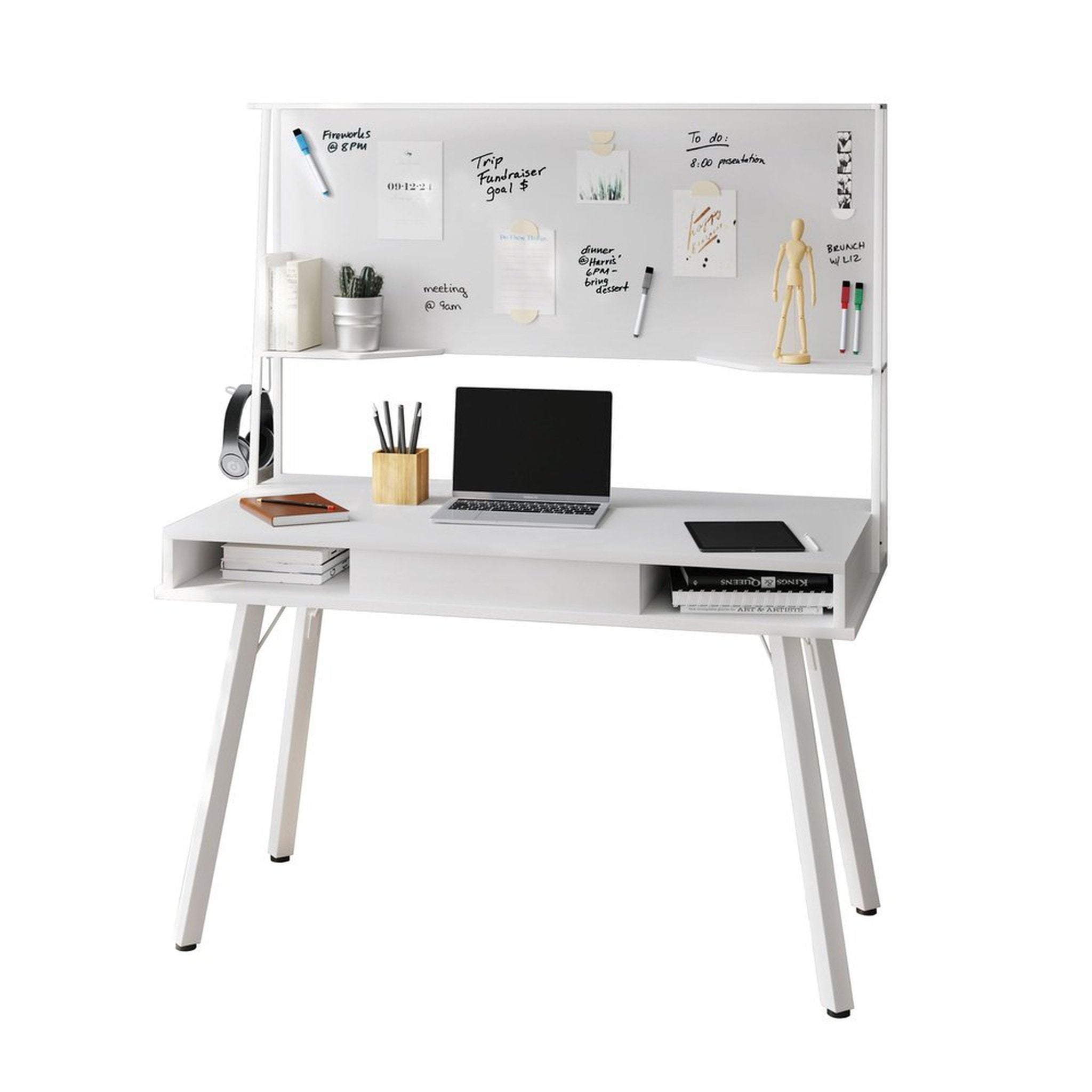 Techni Mobili Study Computer Desk with Storage & Magnetic Dry Erase White Board, White Techni Mobili Desks