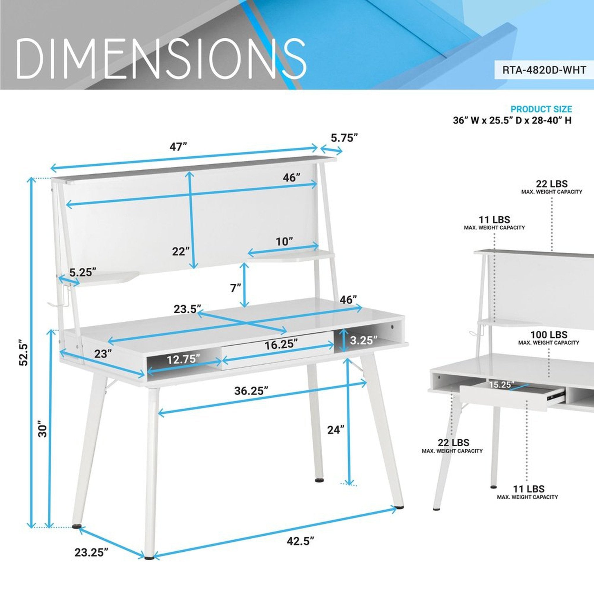 Techni Mobili Study Computer Desk with Storage & Magnetic Dry Erase White Board, White Techni Mobili Desks