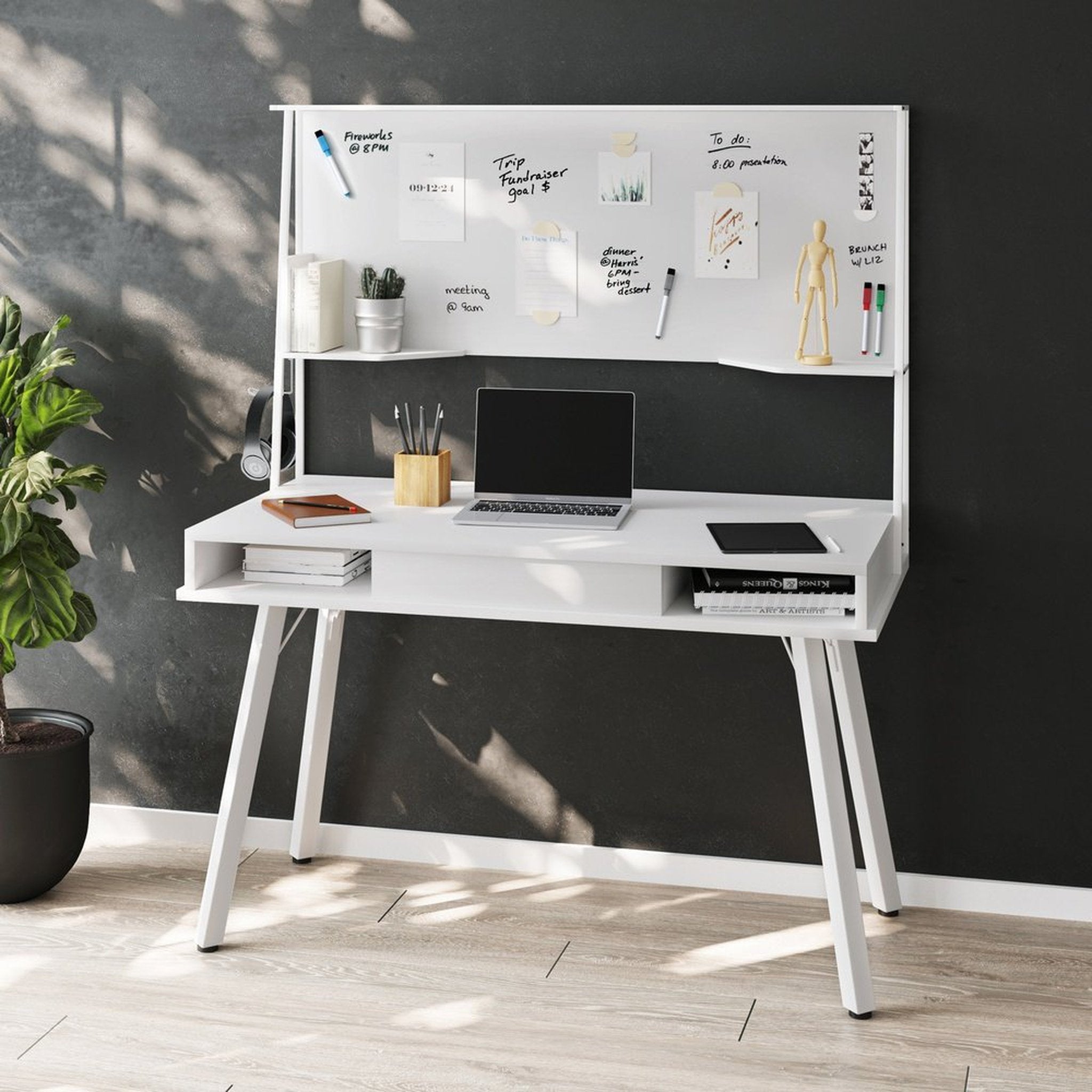 Techni Mobili Study Computer Desk with Storage & Magnetic Dry Erase White Board, White Techni Mobili Desks